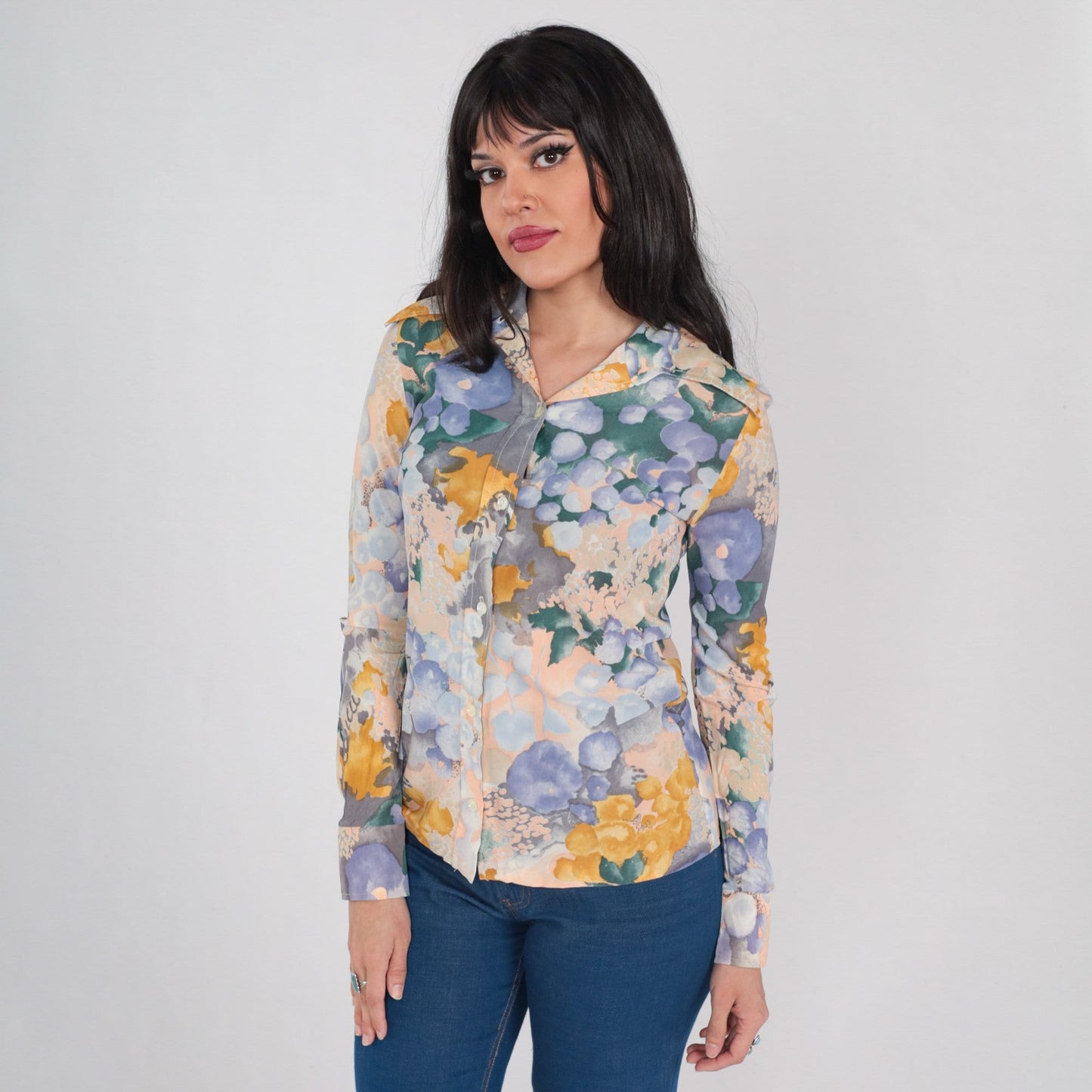 70s Watercolor Floral Button-Up Blouse Dagger Collar Long Sleeve Purple Green Extra Small