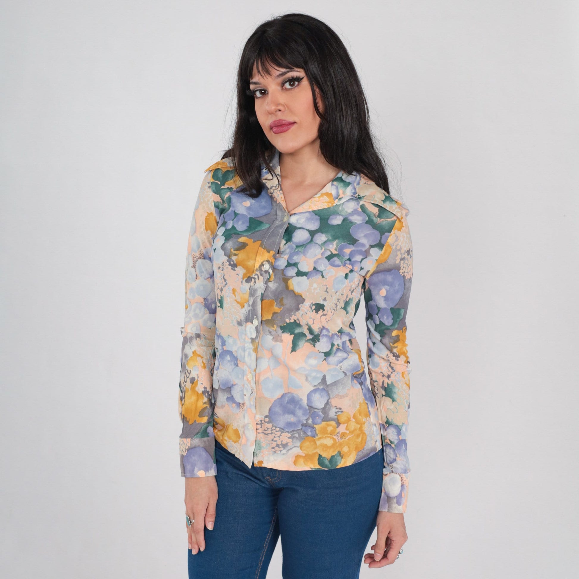 70s Watercolor Floral Button-Up Blouse Dagger Collar Long Sleeve Purple Green Extra Small