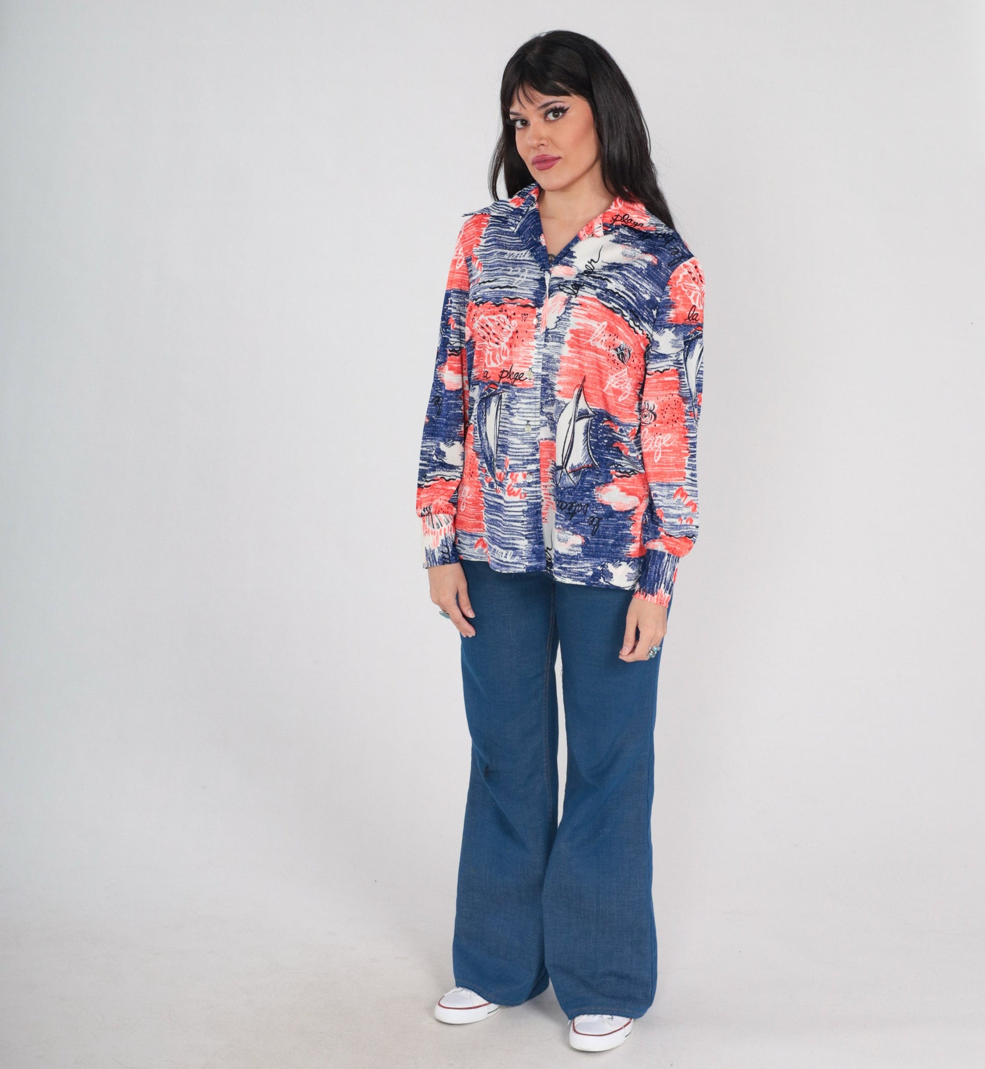 70s French Nautical Sailing Print Button-Up Blouse Red White Blue Medium