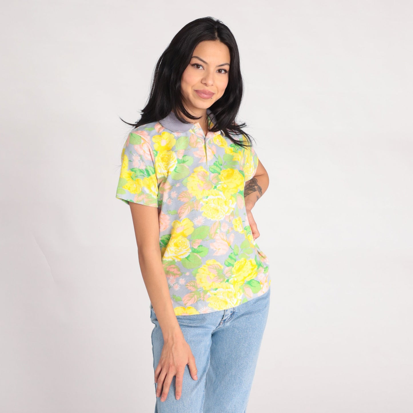 90s Floral Polo Shirt Yellow Flower Print Cotton Collared Small