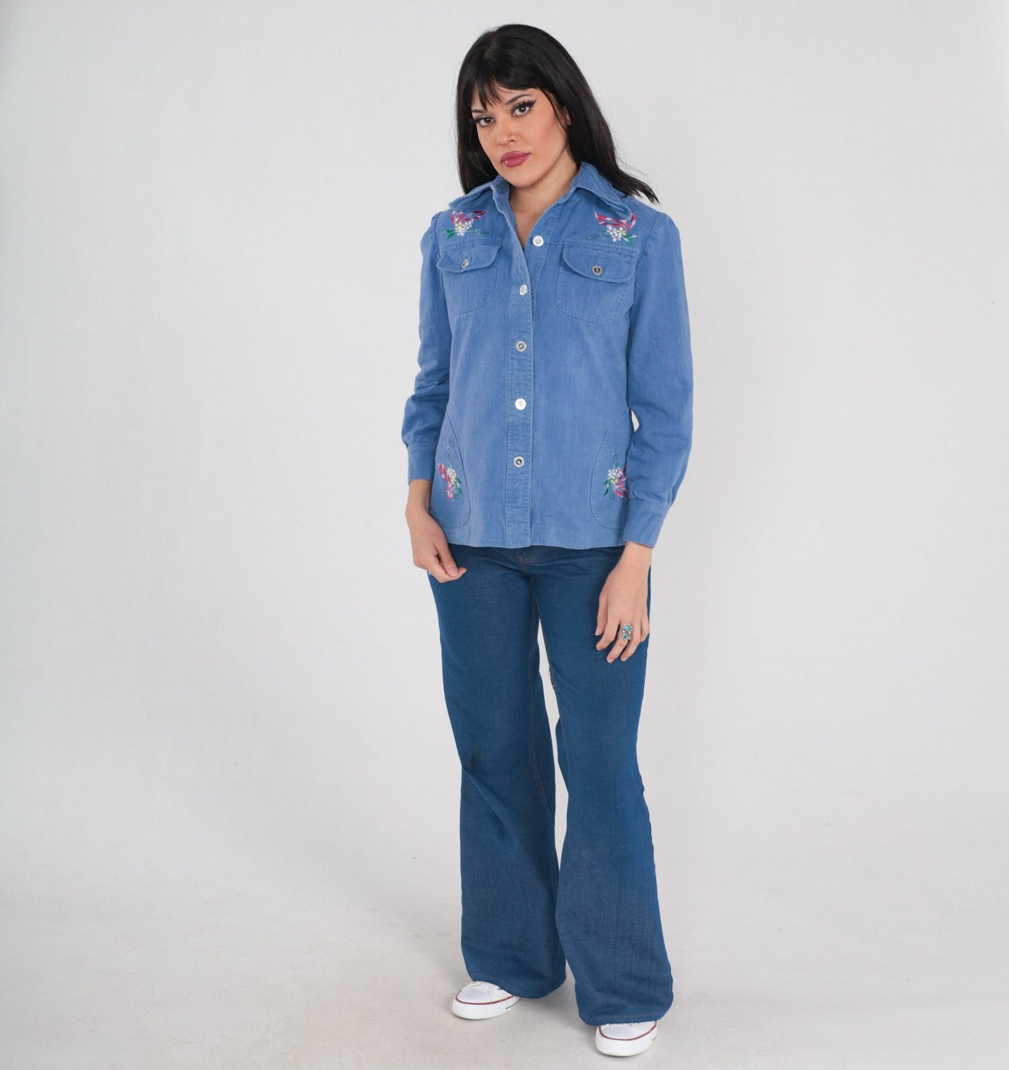 70s Floral Embroidered Denim Shirt Blue Cotton Button-Up Small