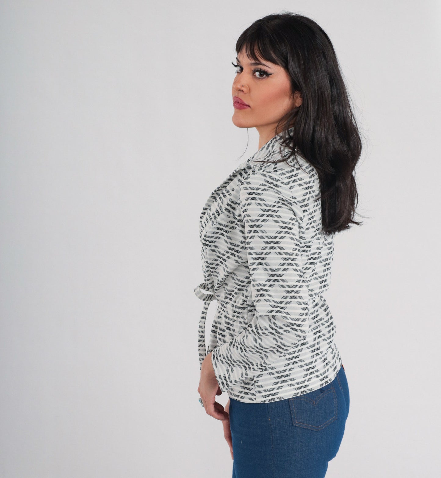 70s Checkered Tie Front Blazer White Black Striped Plaid Jacket Small