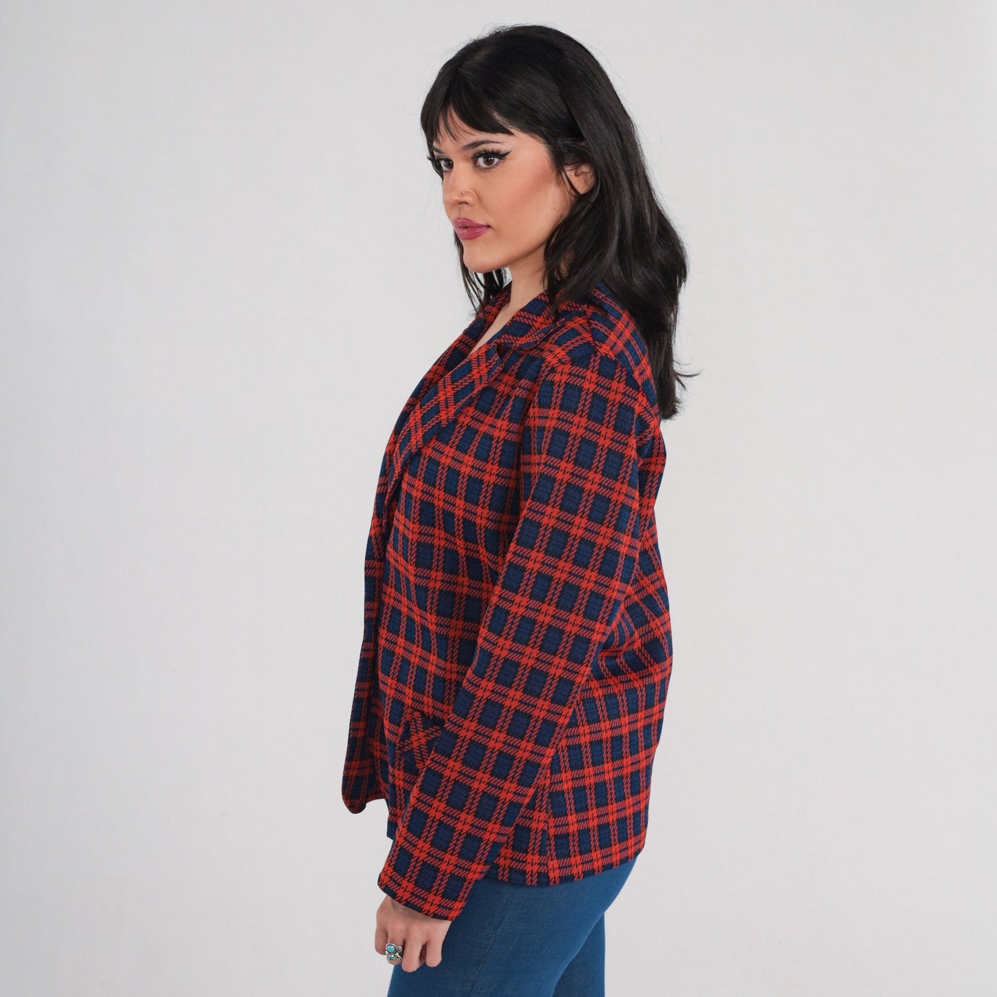 70s Plaid Blazer Red Blue Checkered Notched Collar Button Up Medium