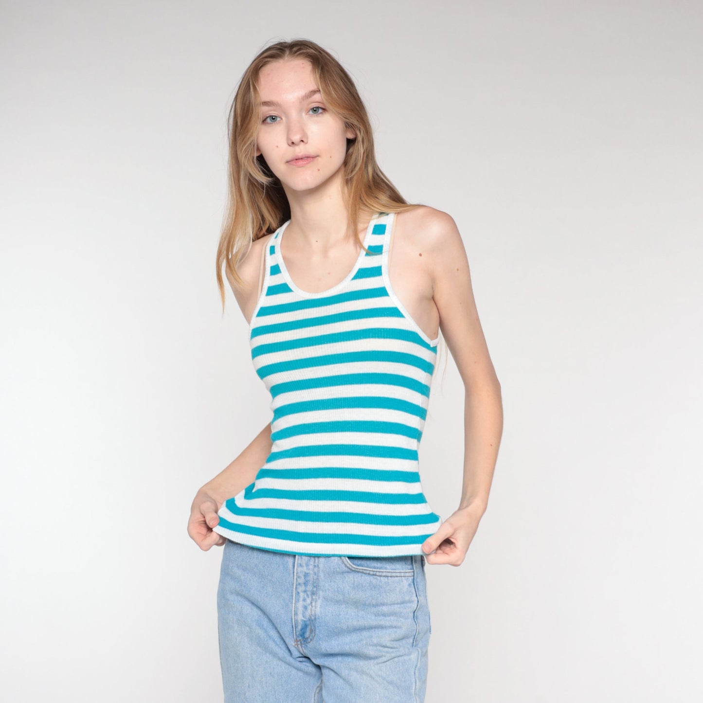90s Blue White Striped Ribbed Tank Top Racerback XS