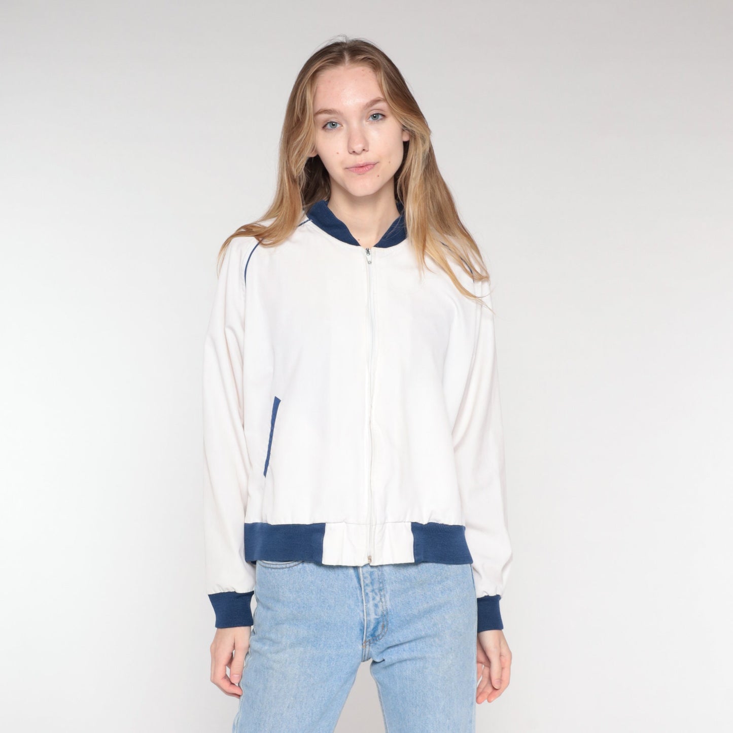 80s White Bomber Jacket Blue Trim Windbreaker Zip Front Large L