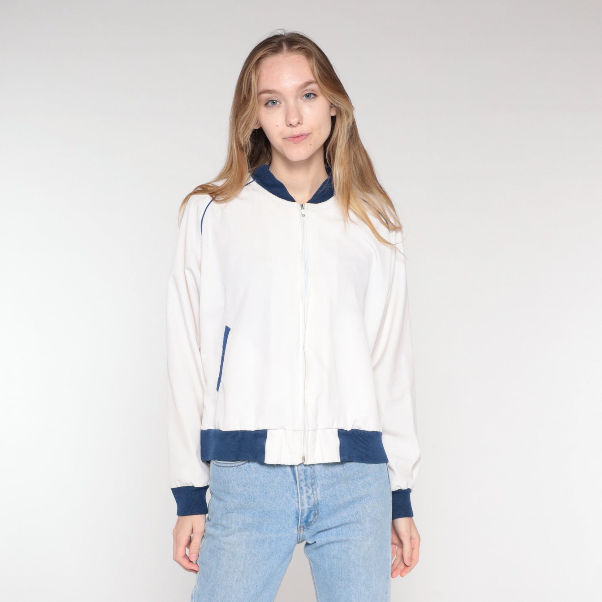 80s White Bomber Jacket Blue Trim Windbreaker Zip Front Large L