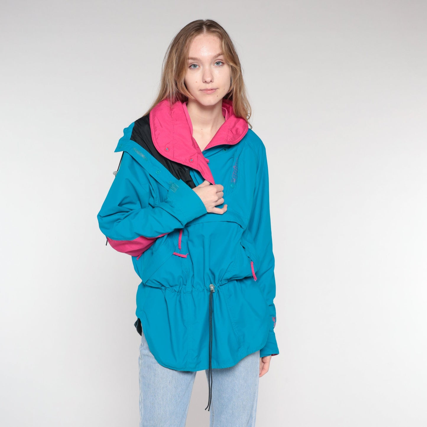 80s Blue Pink Hooded Ski Jacket Pullover Windbreaker Nylon Medium M
