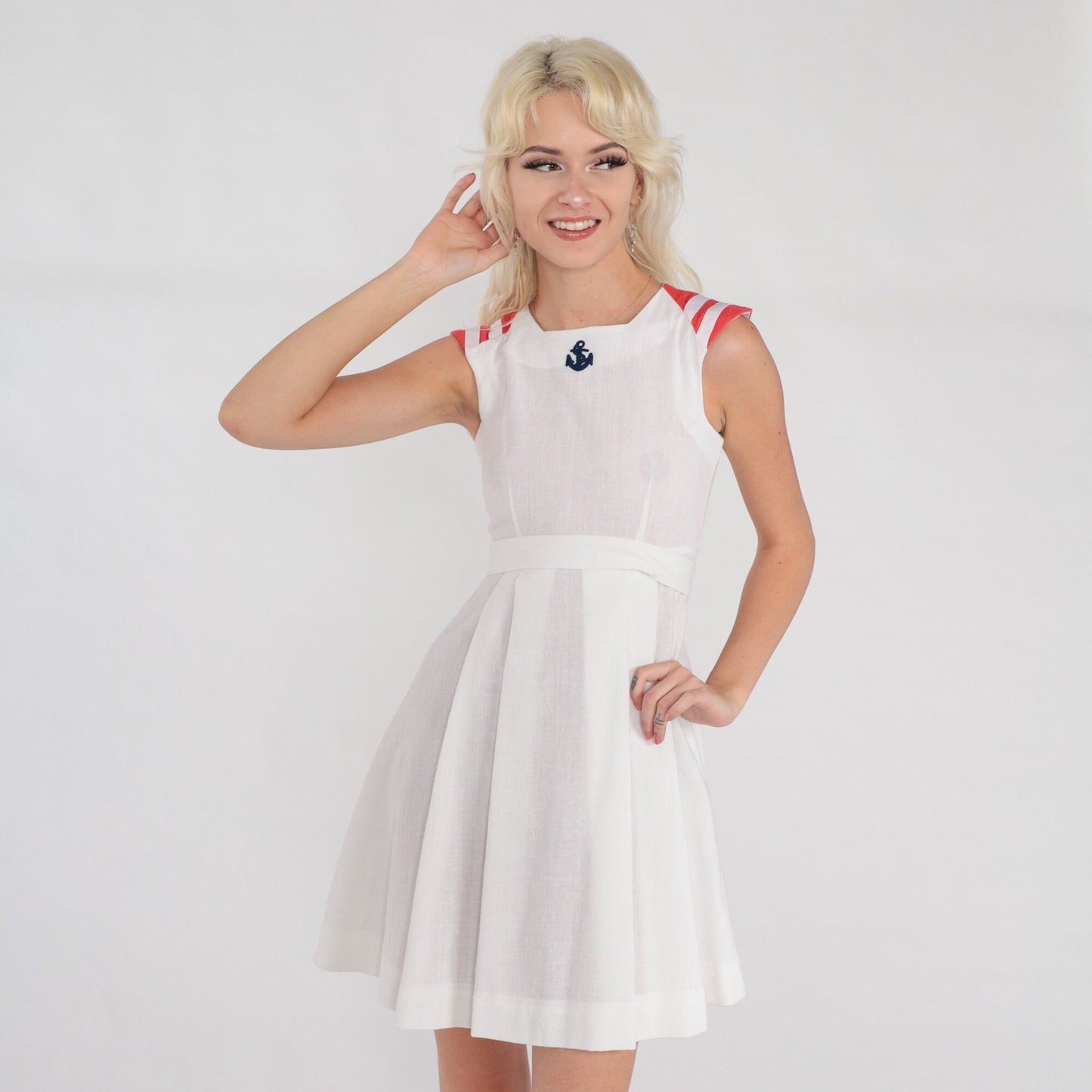 70s Nautical White Mini Dress Anchor Embroidered Red Striped Empire Waist XXS
