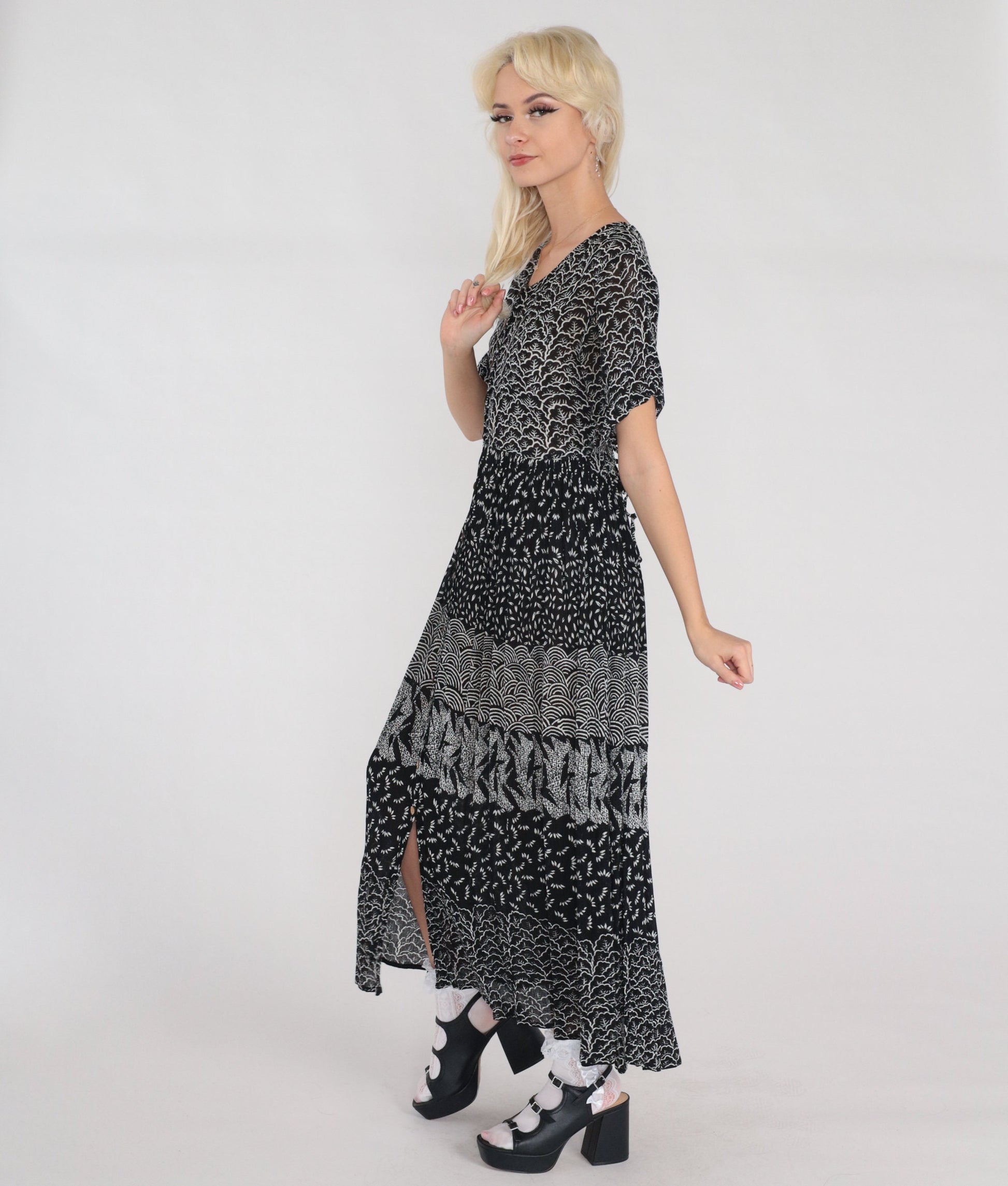Y2K Black White Abstract Floral Maxi Dress Button Up Short Sleeve Small S