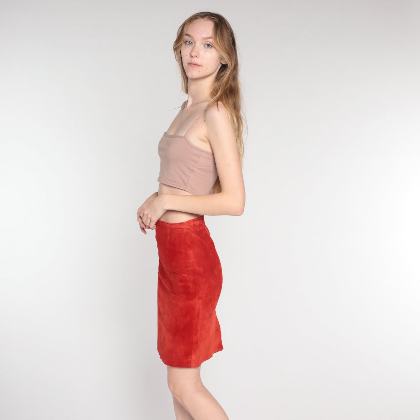 90s Rust Orange Suede Mini Skirt High Waist Pencil Cut Extra Small