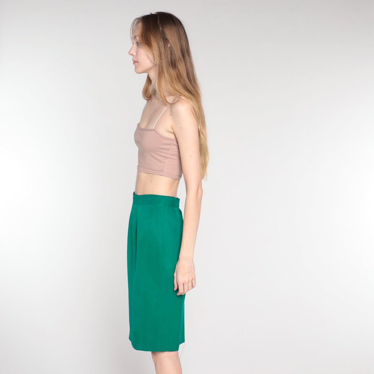 90s Green Silk Pencil Skirt High Waist Small 6