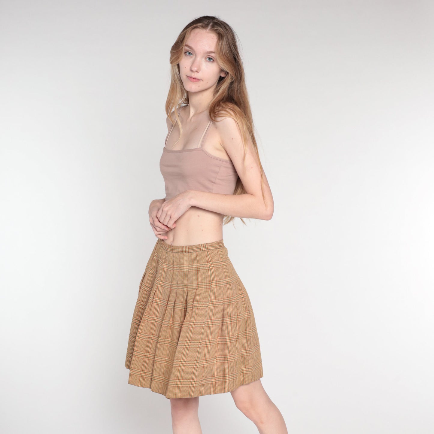 70s Plaid Mini Skirt High Waist Pleated Tan Orange Green Tartan Extra Small