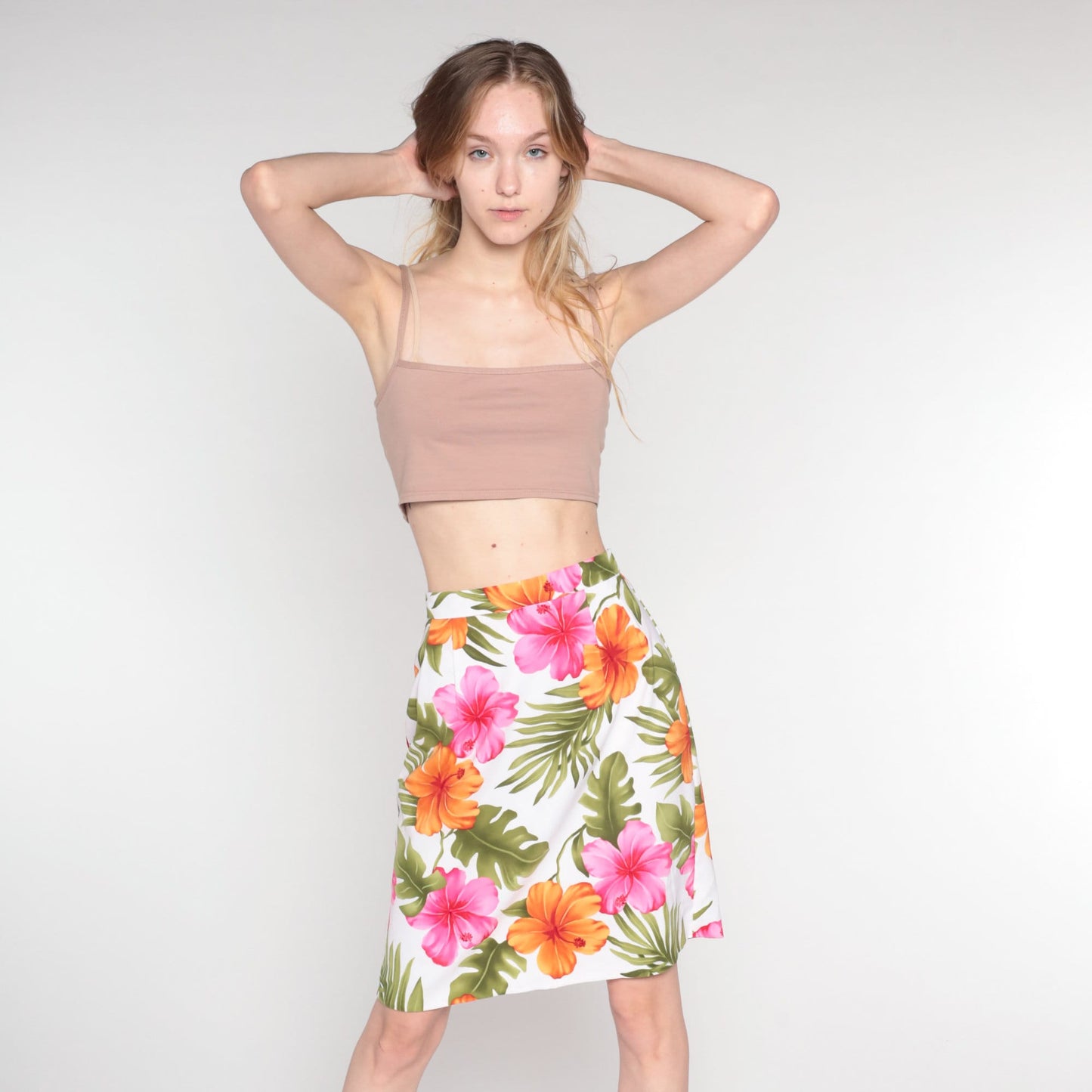 90s Tropical Floral White Mini Pencil Skirt High Waisted Small 6