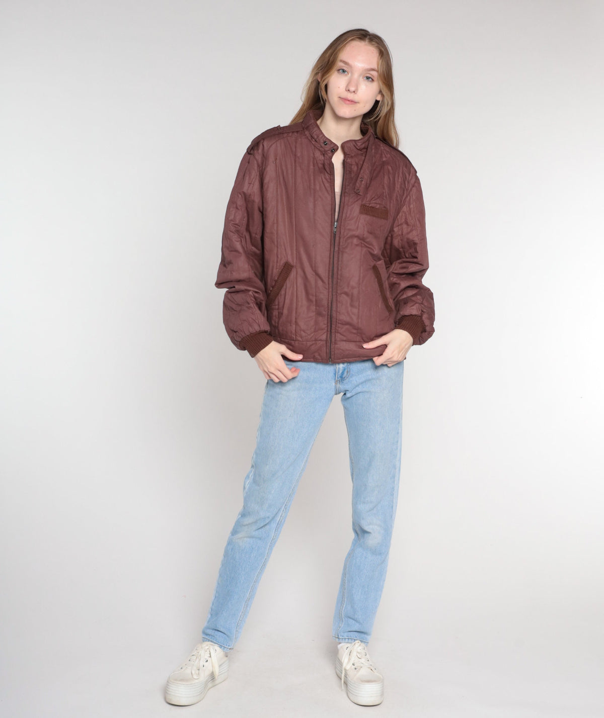 80s Members Only Brown Quilted Windbreaker Jacket Zip Bomber Medium