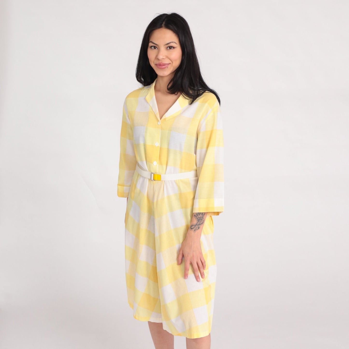 80s Blair Yellow Plaid Midi Shirtdress High Waist Button Up Medium