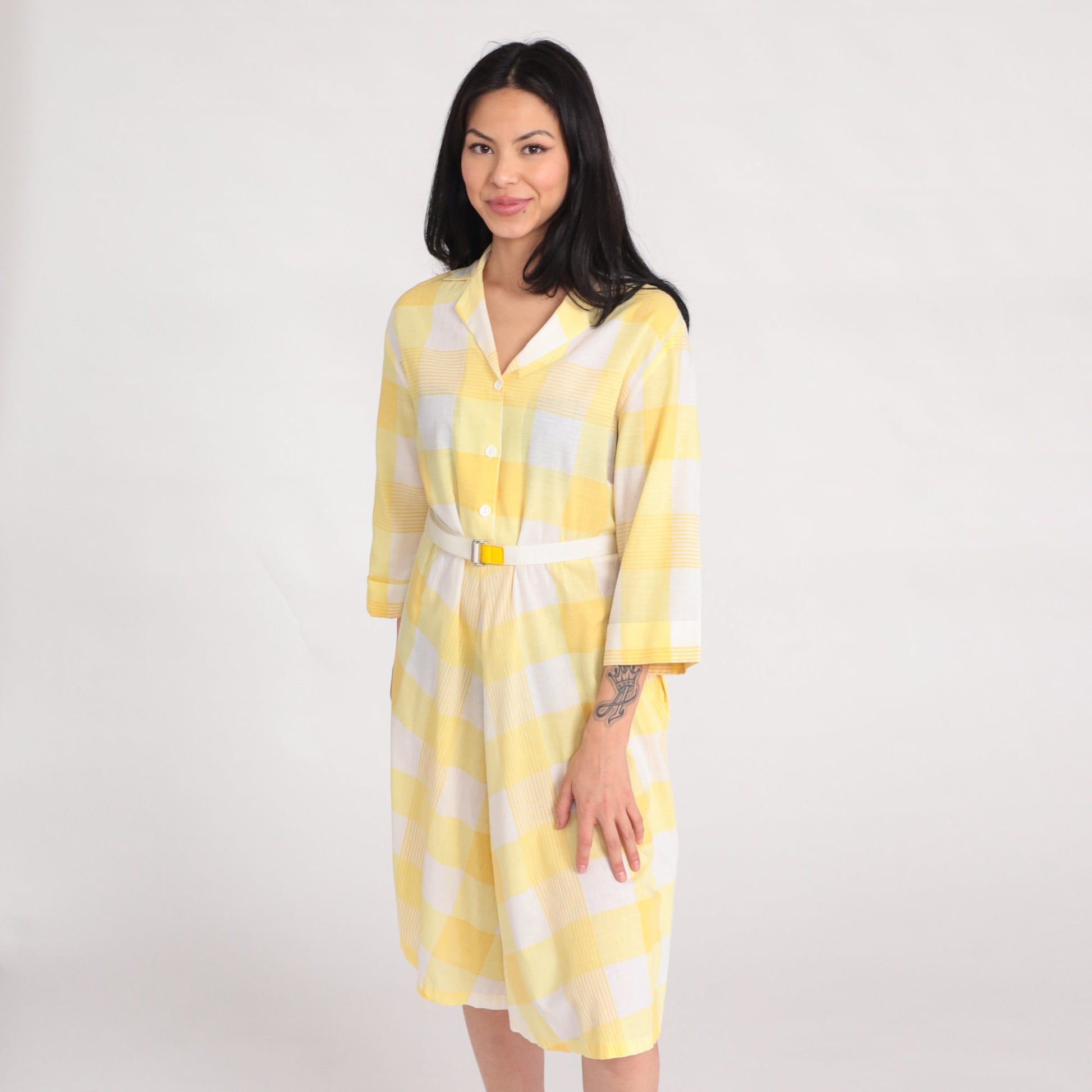 80s Blair Yellow Plaid Midi Shirtdress High Waist Button Up Medium