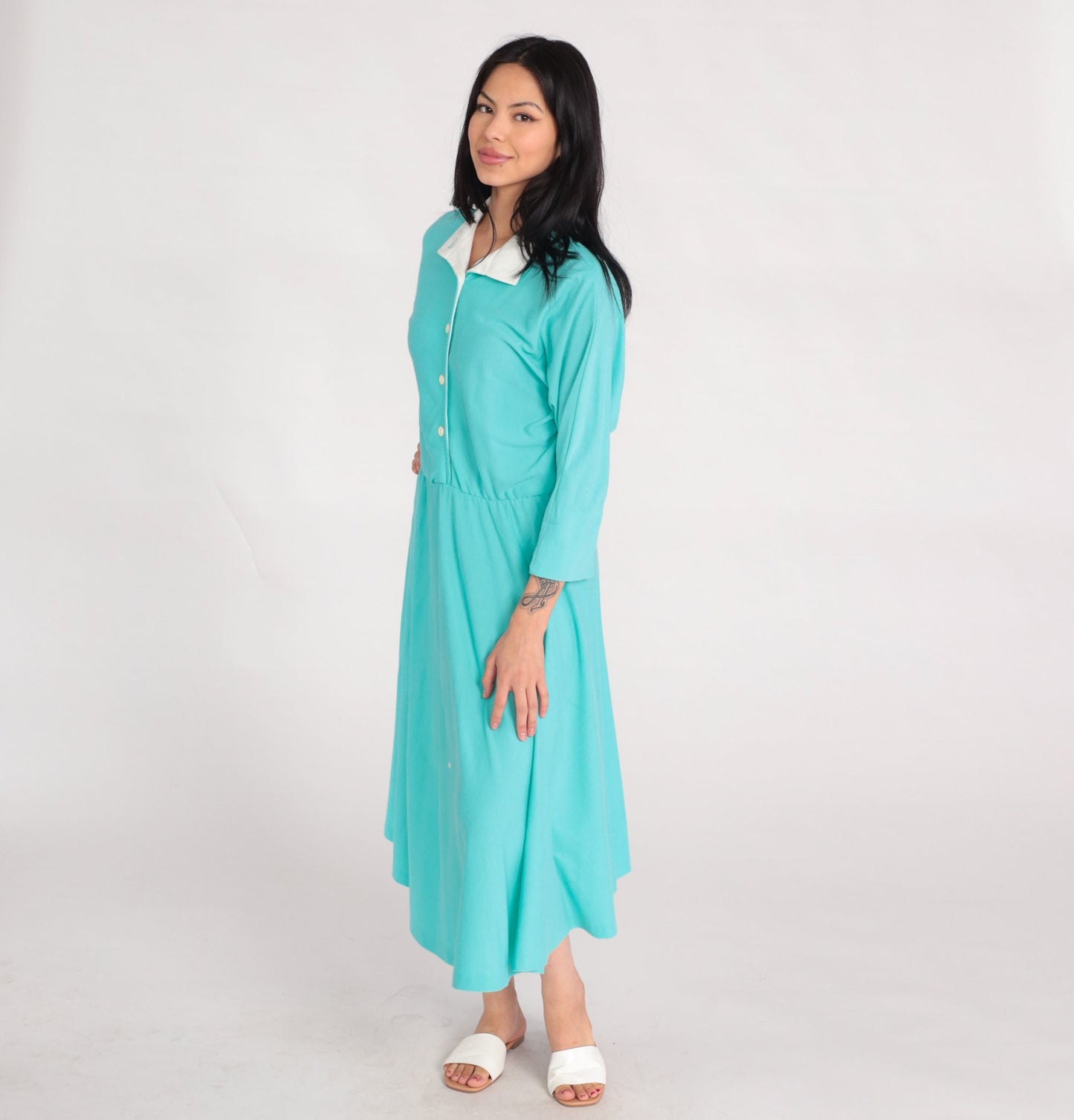 80s Mint Blue Shirtwaist Midi Dress High Waisted Button Up 3/4 Sleeve Large