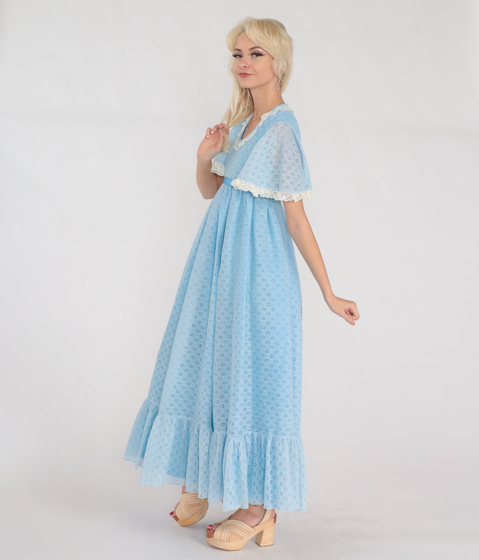 70s Blue Eyelet Maxi Dress Empire Waist Flutter Sleeve Lace Trim Ankle Length Extra Small XS
