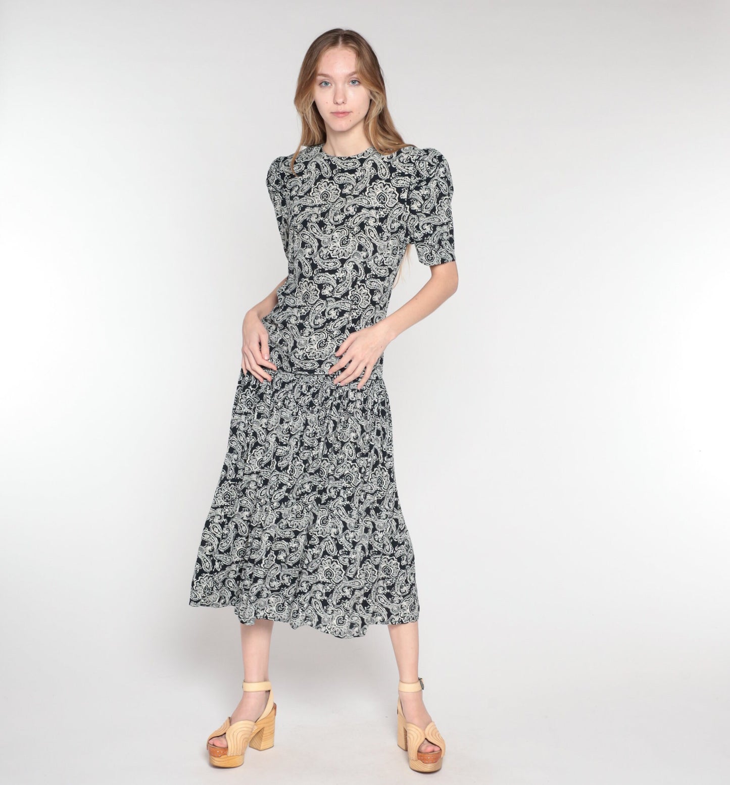 1990s Maggie London Black Paisley Maxi Dress Puff Sleeve Drop Waist Medium 8