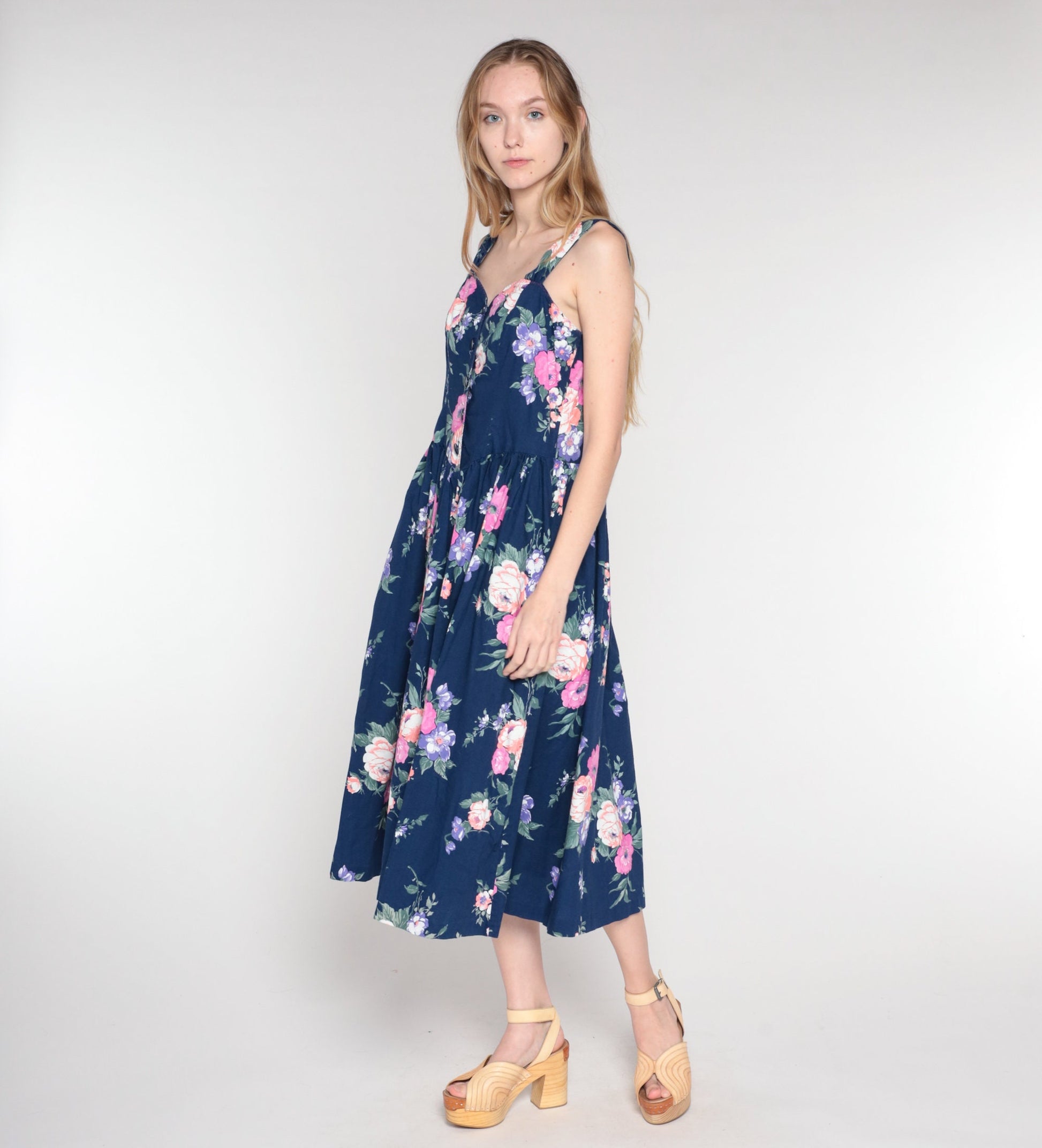 80s Navy Floral Midi Dress Sweetheart Neckline Button Front Sleeveless Medium M