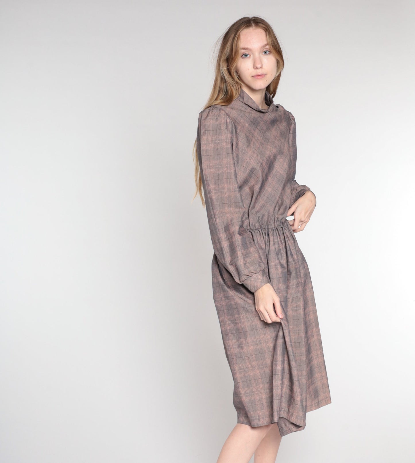 80s Grey Plaid Midi Dress Mock Neck Long Sleeve High Waist Small Medium