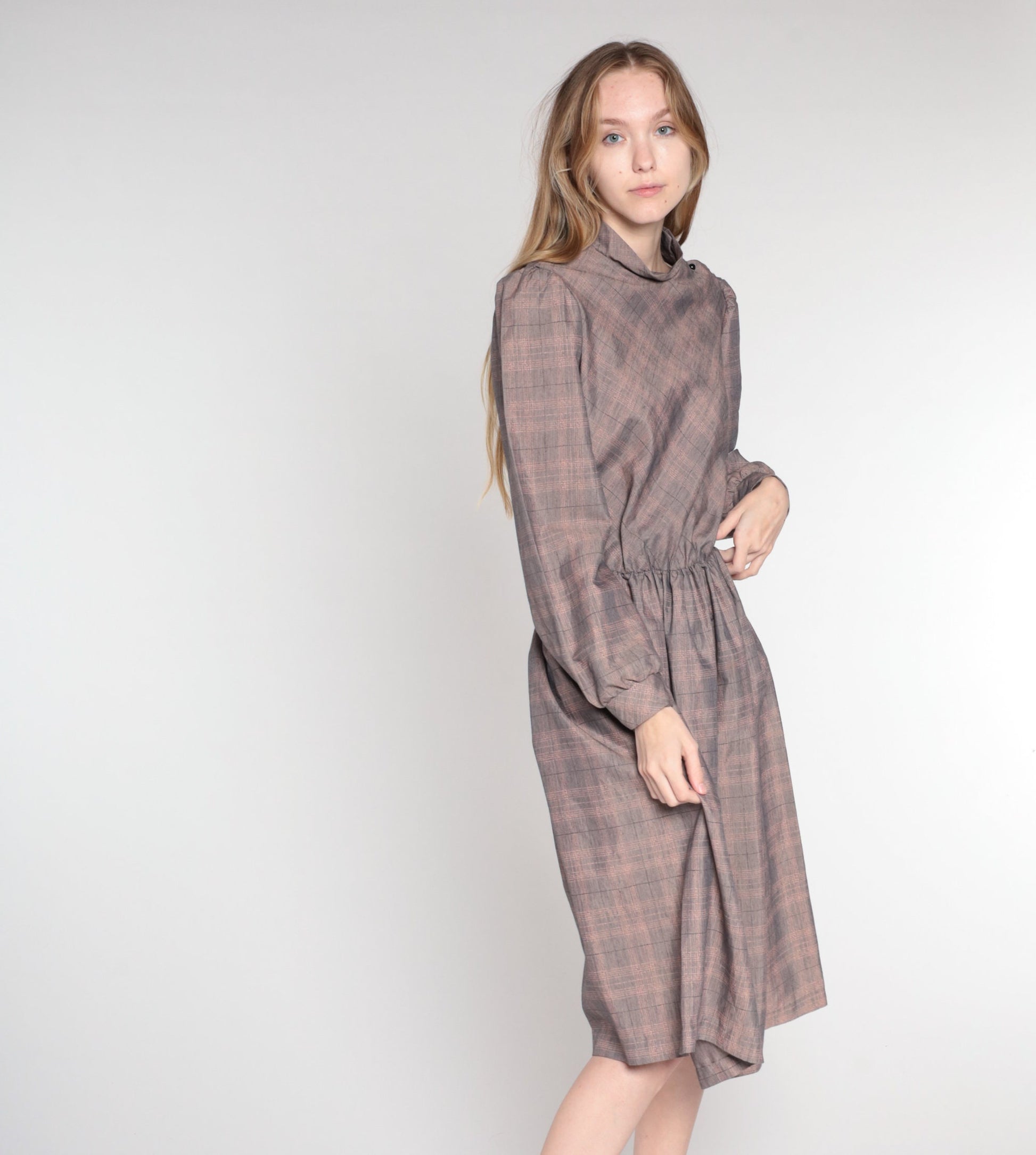 80s Grey Plaid Midi Dress Mock Neck Long Sleeve High Waist Small Medium