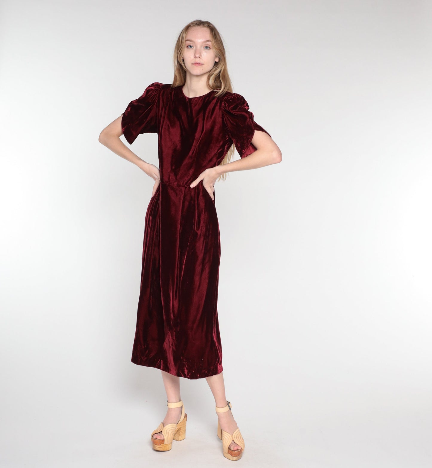 80s Lands End Burgundy Velvet Midi Dress Puff Sleeve Low Back Medium