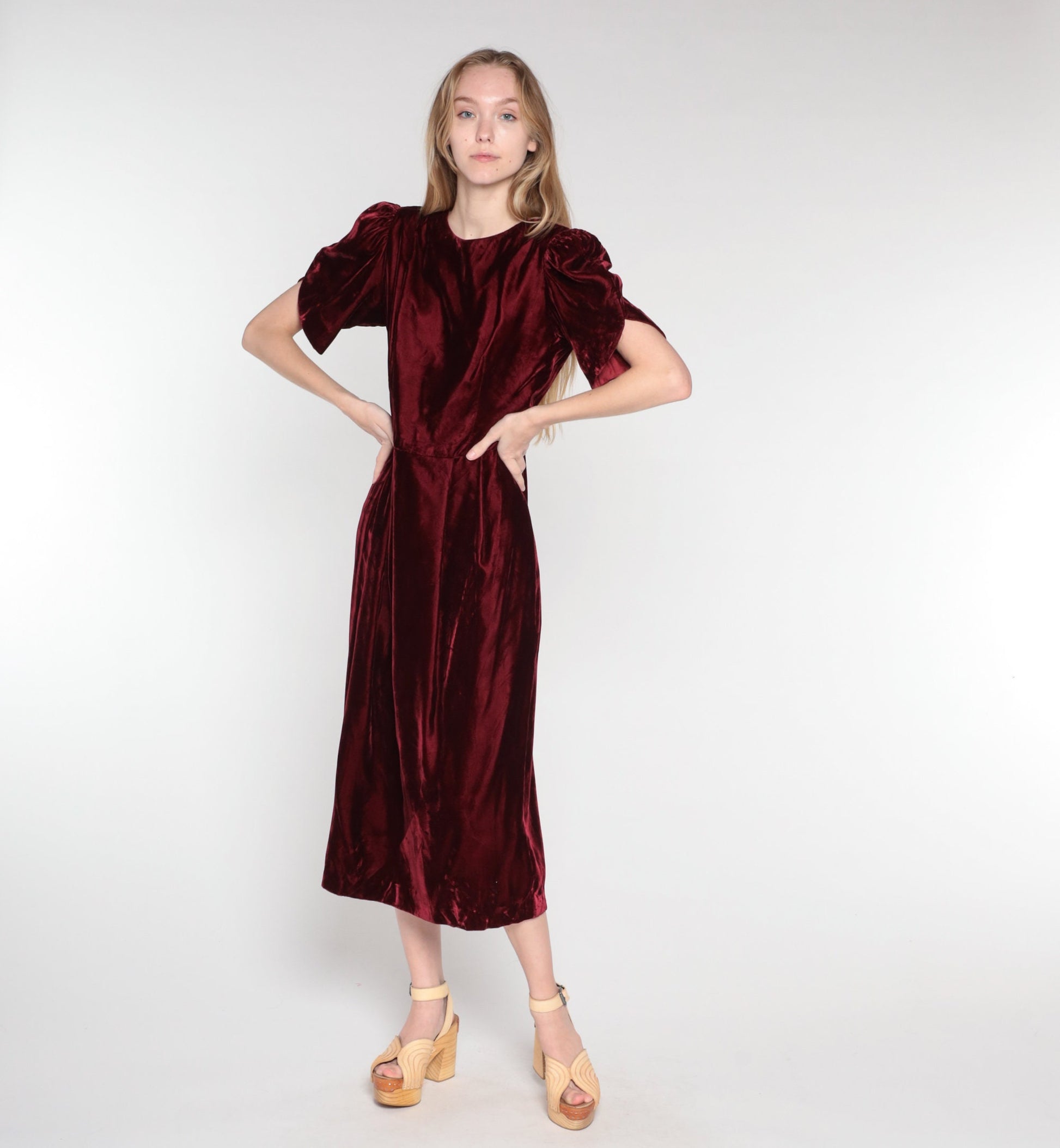 80s Lands End Burgundy Velvet Midi Dress Puff Sleeve Low Back Medium