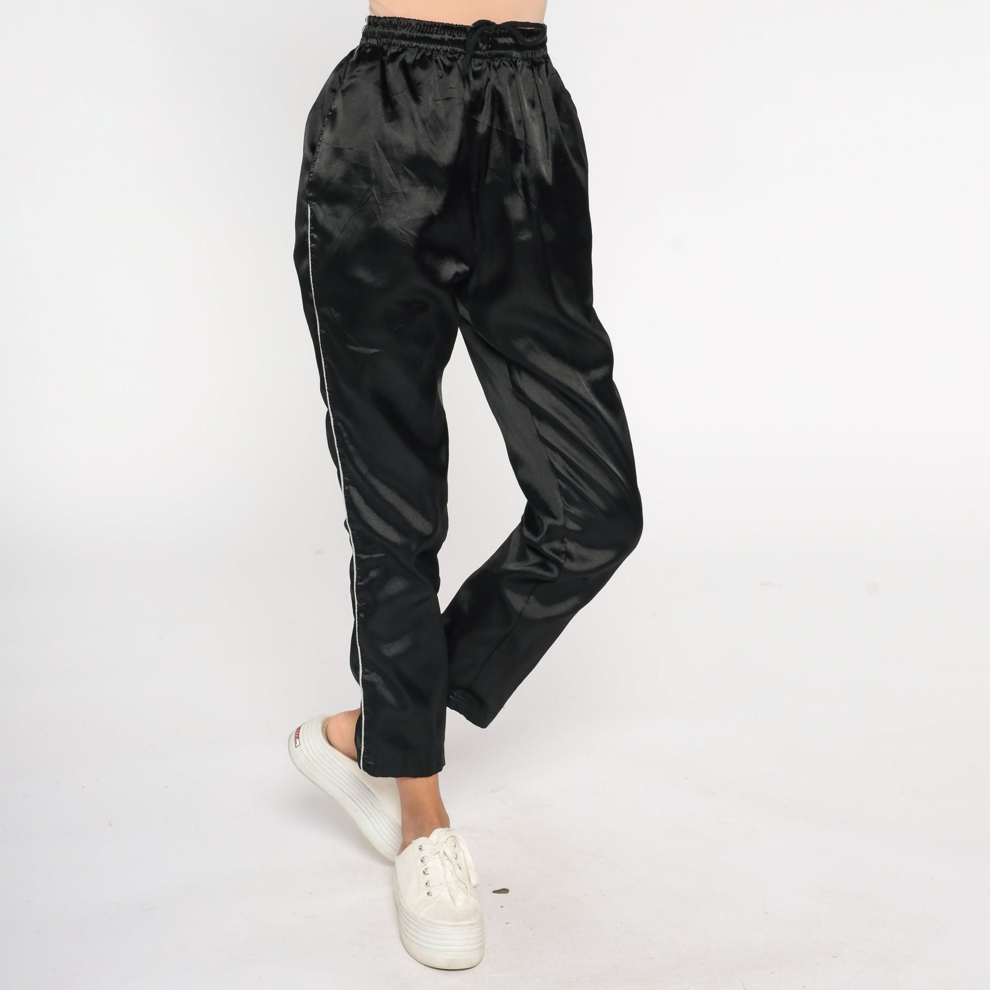 90s Black Track Pants White Stripe Shiny Joggers Small S