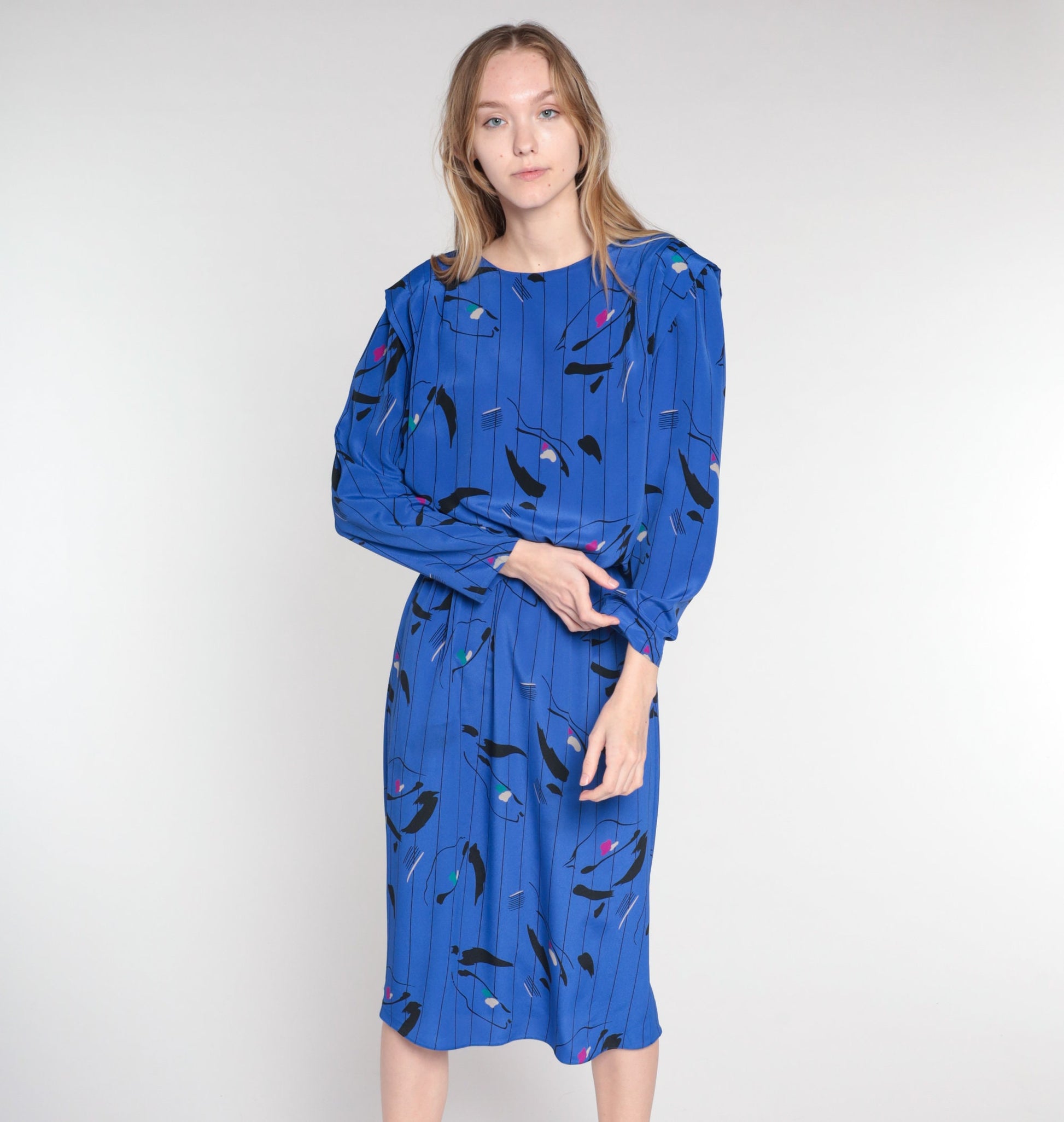 80s Blue Striped Abstract Blouson Midi Dress Long Sleeve Small