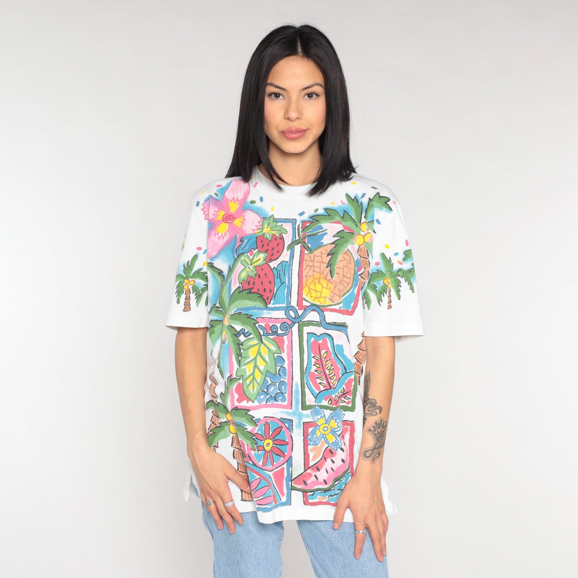 90s Tropical Fruit Palm Tree Graphic T-Shirt Cotton Single Stitch Medium Large