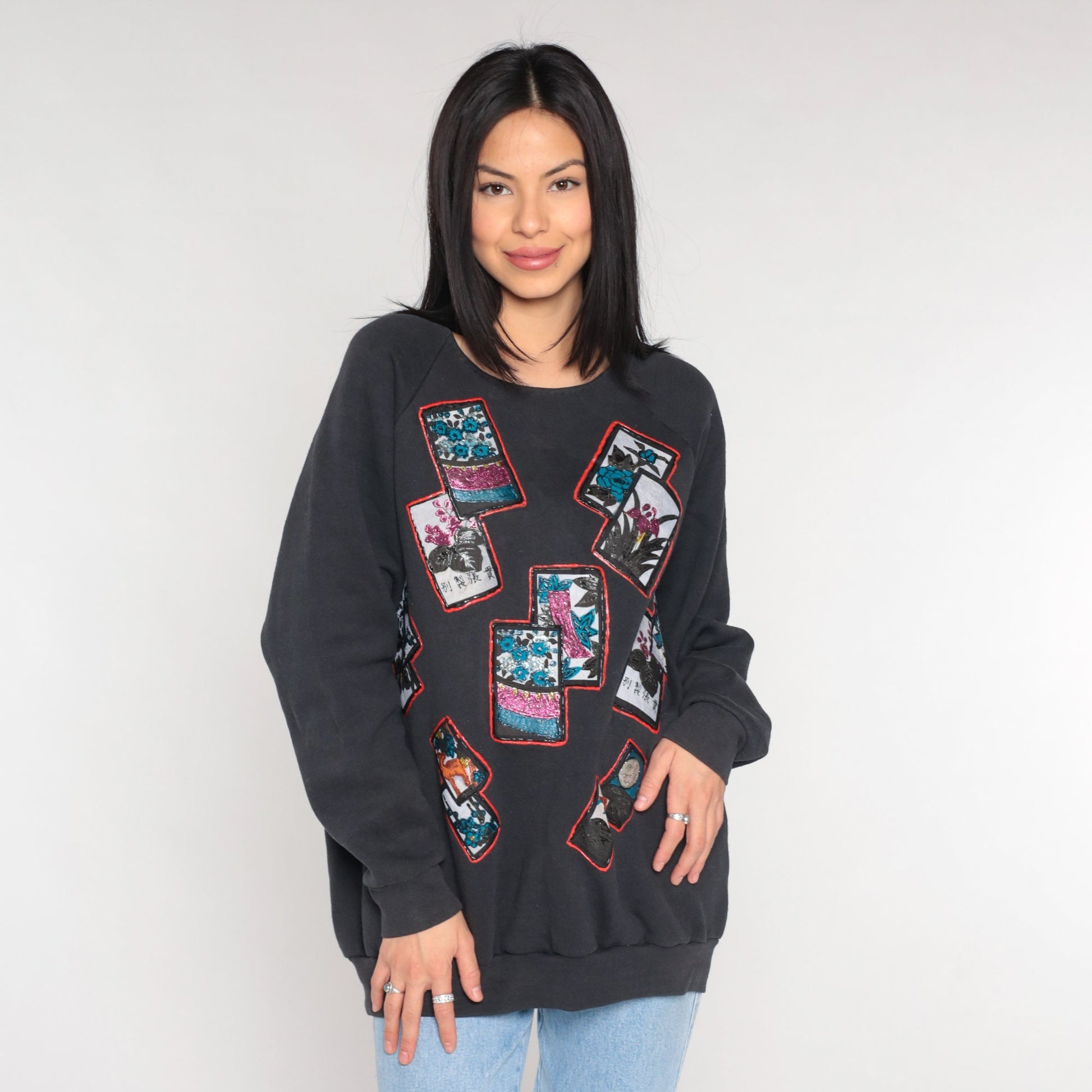 90s Glitter Floral Sweatshirt Black Asian Postcard Graphic Crewneck Extra Large XXL