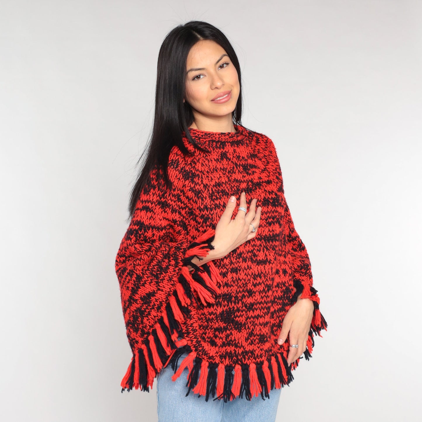70s Red Black Space Dye Knit Poncho Fringe Shawl Cape