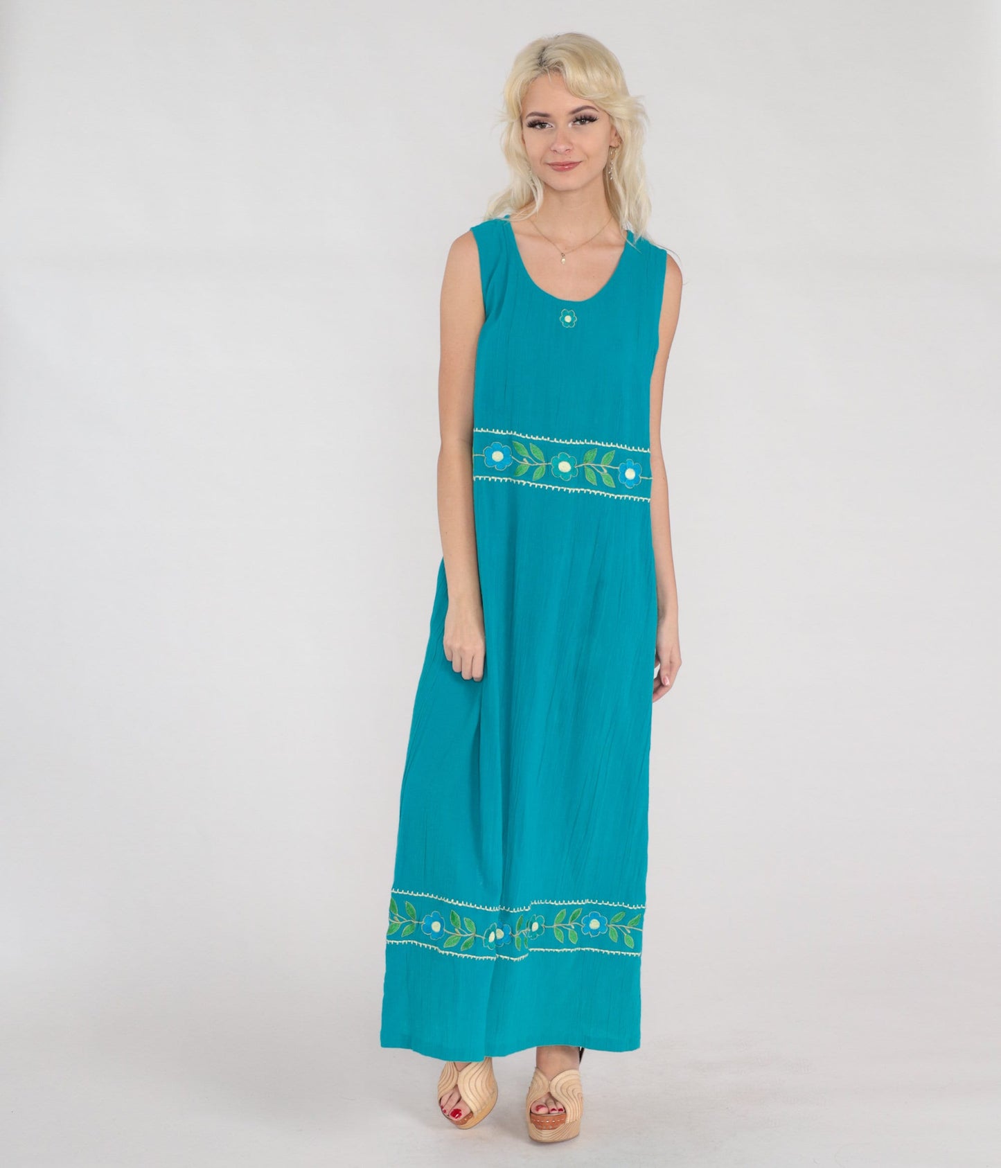 Y2K Turquoise Floral Embroidered Cotton Maxi Dress Sleeveless Large L