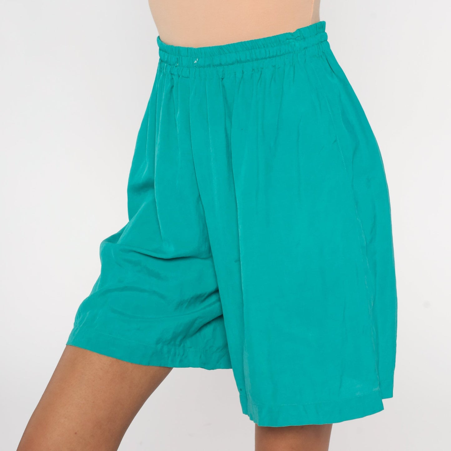 90s Clio Green Silk Shorts High Waist Baggy Pockets Medium M