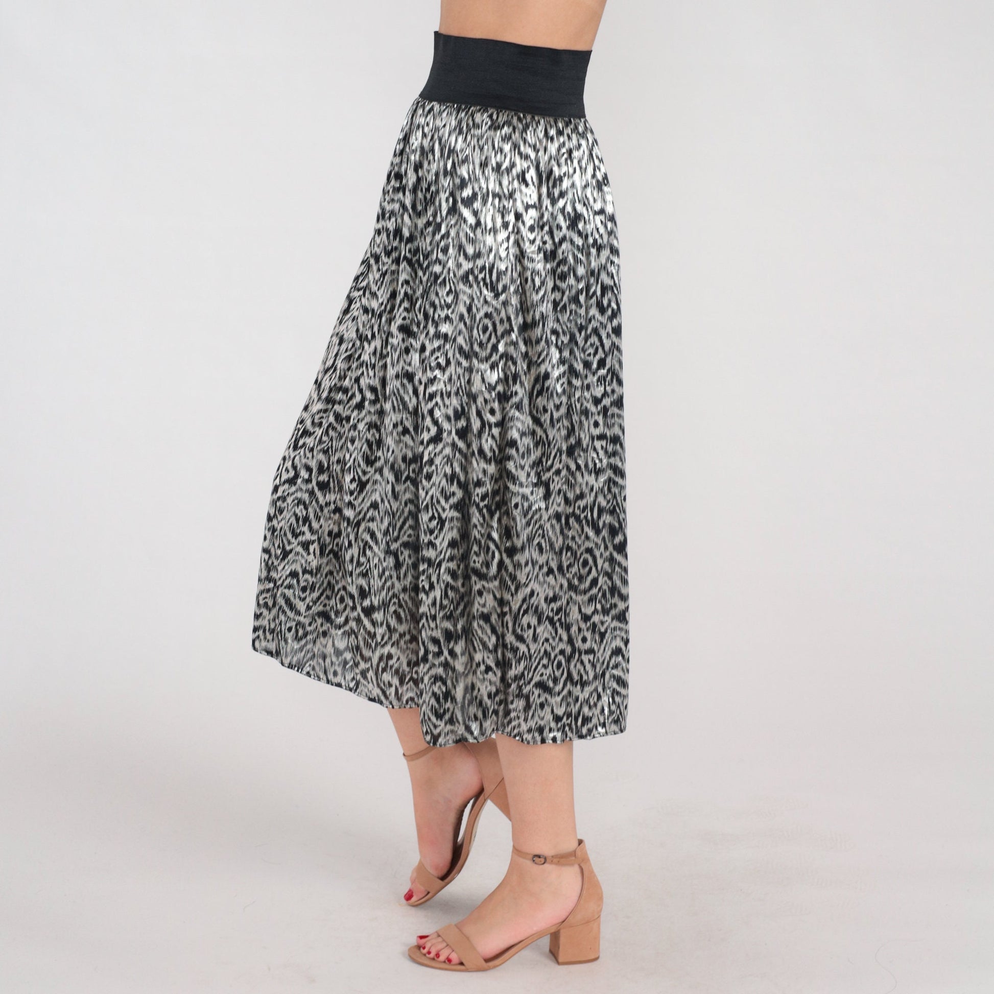 80s Metallic Abstract Midi Skirt Silver Black High Waist Elastic Extra Small