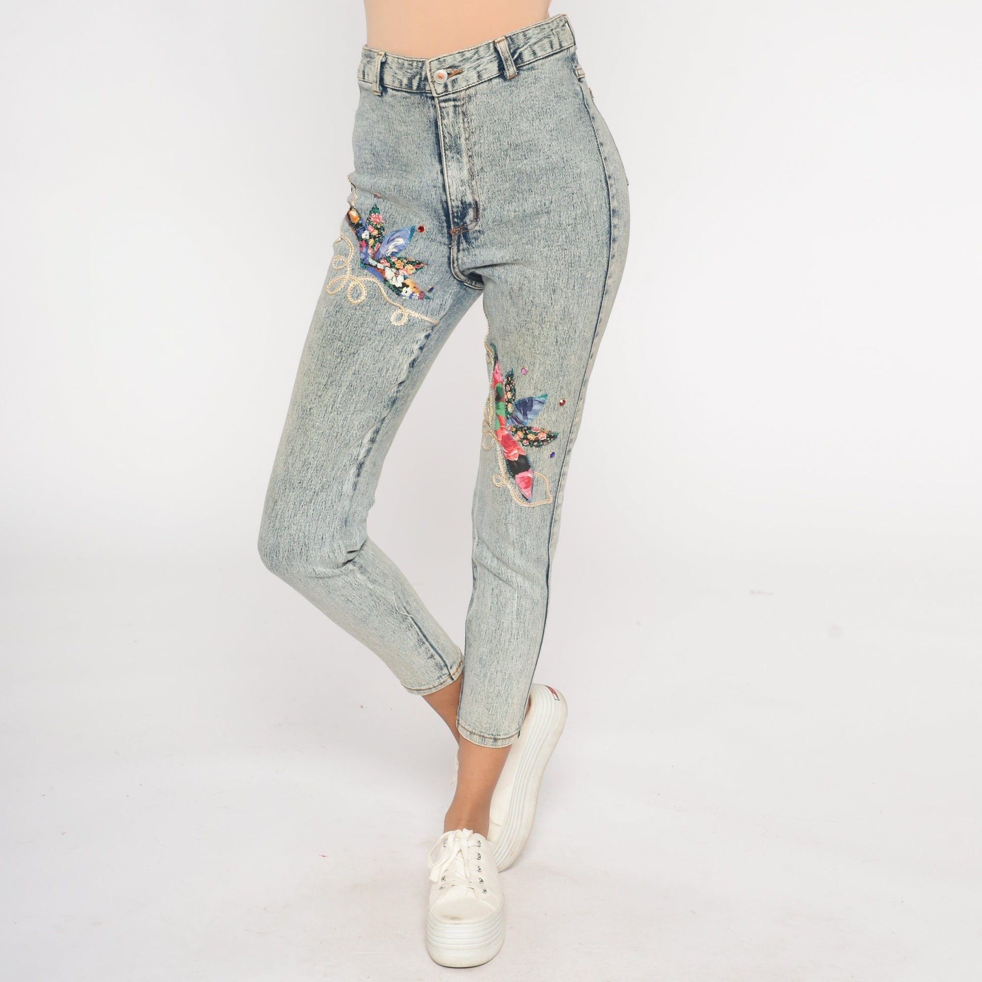 80s Acid Wash Beaded High-Waist Skinny Jeans Blue Denim Small