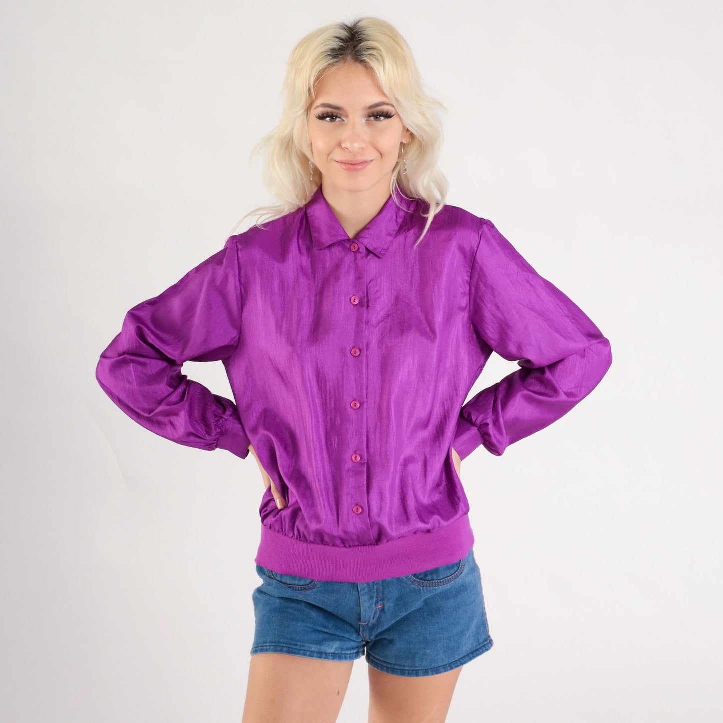 90s Purple Polyester Button-Up Shirt Banded Hem Long Sleeve Medium