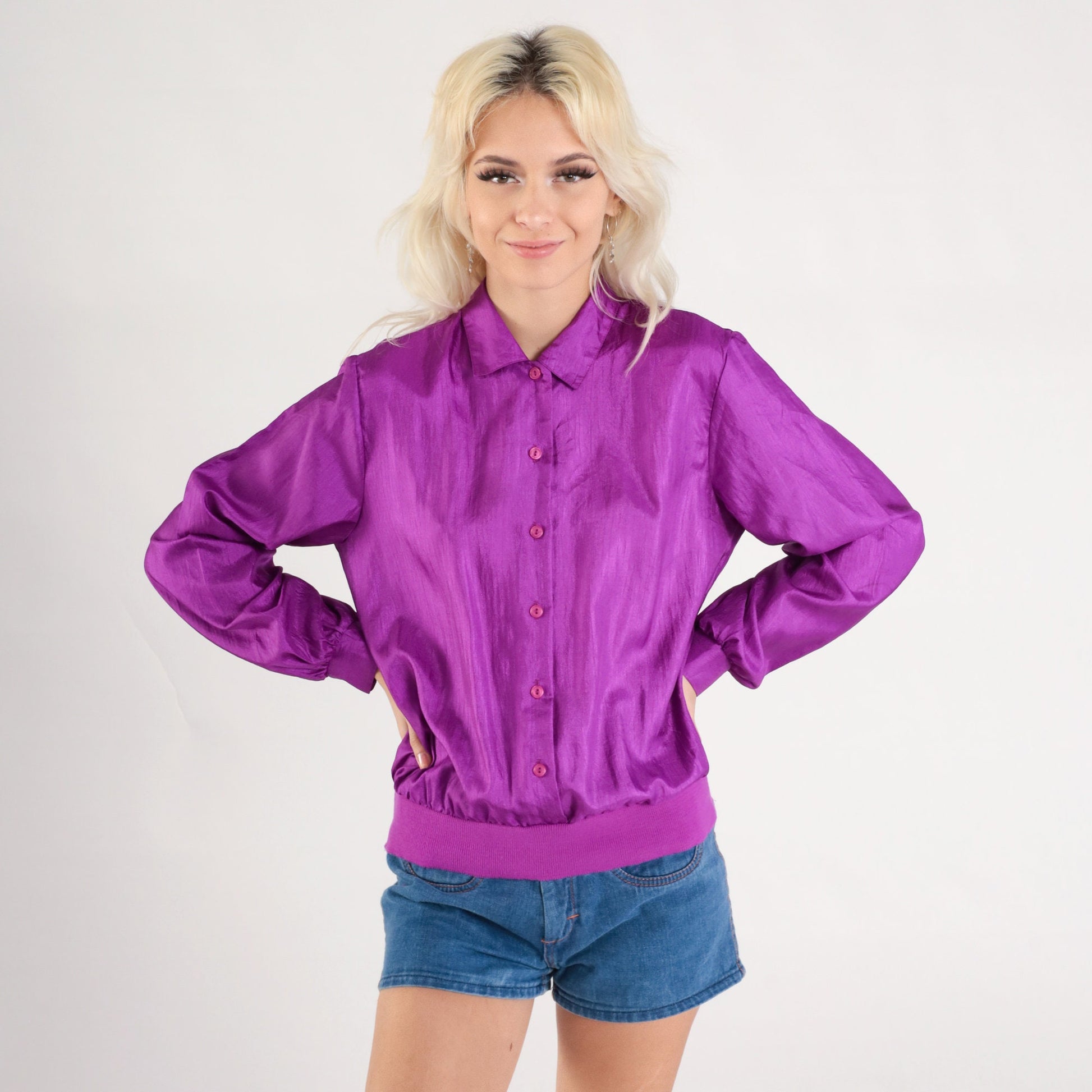 90s Purple Polyester Button-Up Shirt Banded Hem Long Sleeve Medium