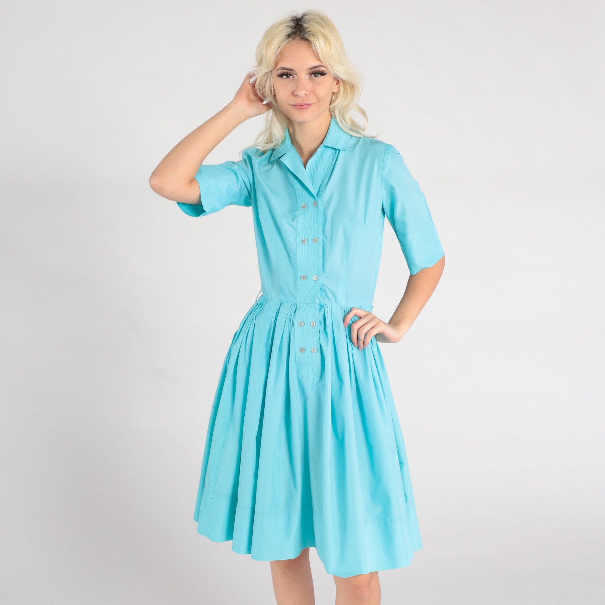 60s Robin's Egg Blue Cotton Midi Shirtdress Button-Up Pleated Small