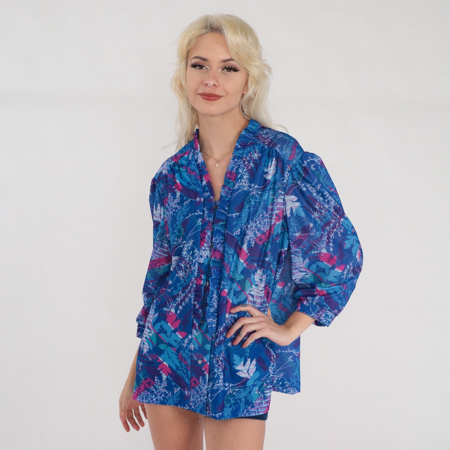 70s Floral Leaf Print Blouse Blue Purple Pink 3/4 Sleeve Ruffle Top Extra Large