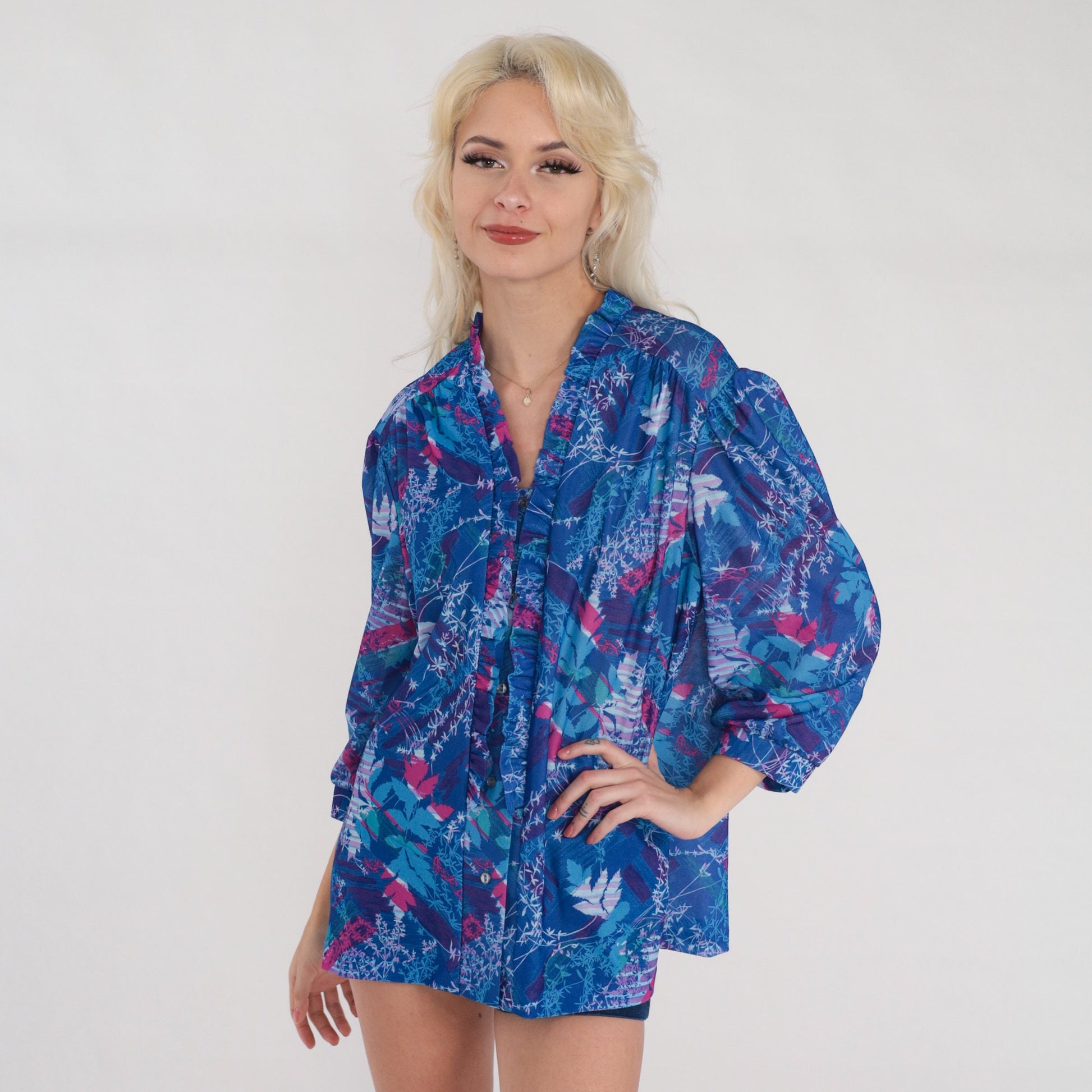 70s Floral Leaf Print Blouse Blue Purple Pink 3/4 Sleeve Ruffle Top Extra Large
