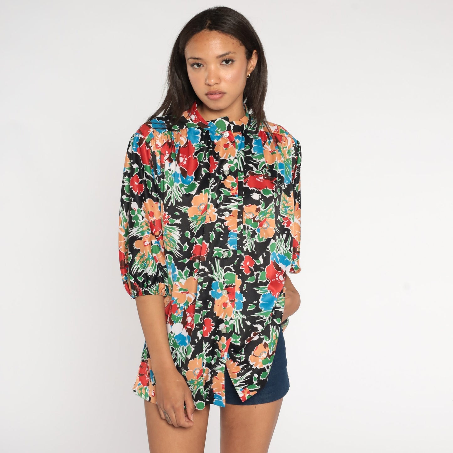 70s Floral Button-Up Blouse Black Multicolored Flower Print 3/4 Sleeve Extra Large