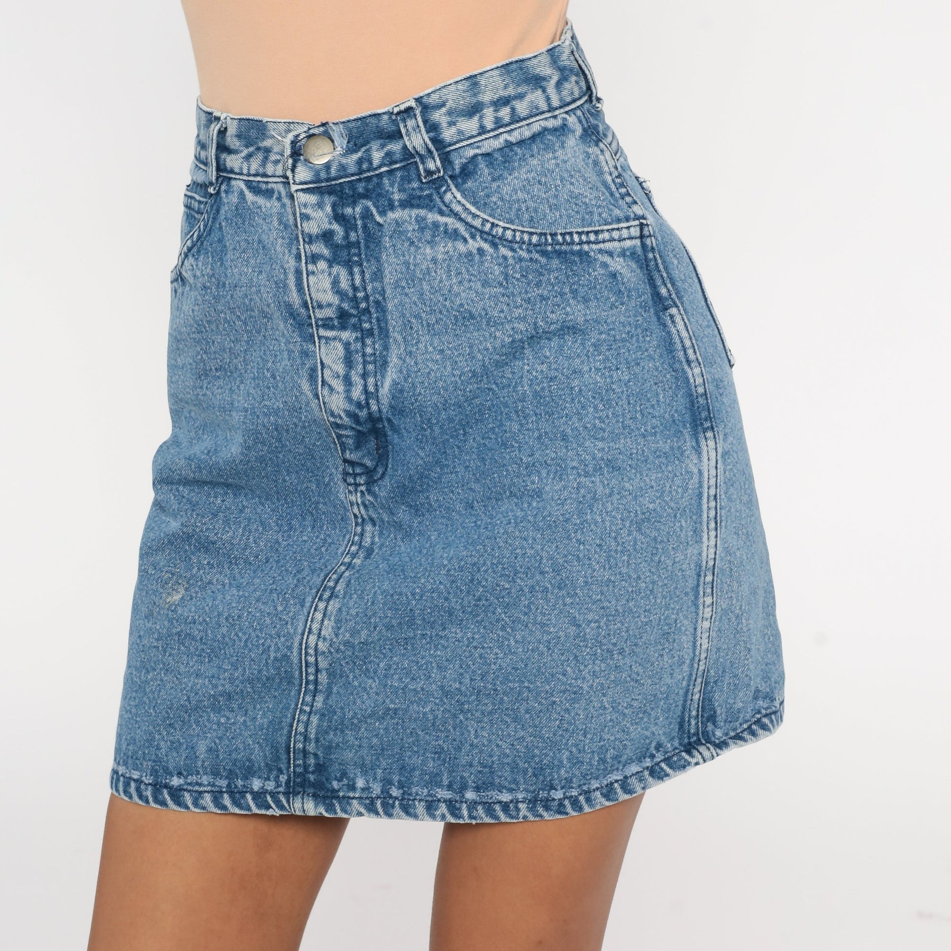 90s Blue Denim Mini Skirt High Waist Pencil Cut Small