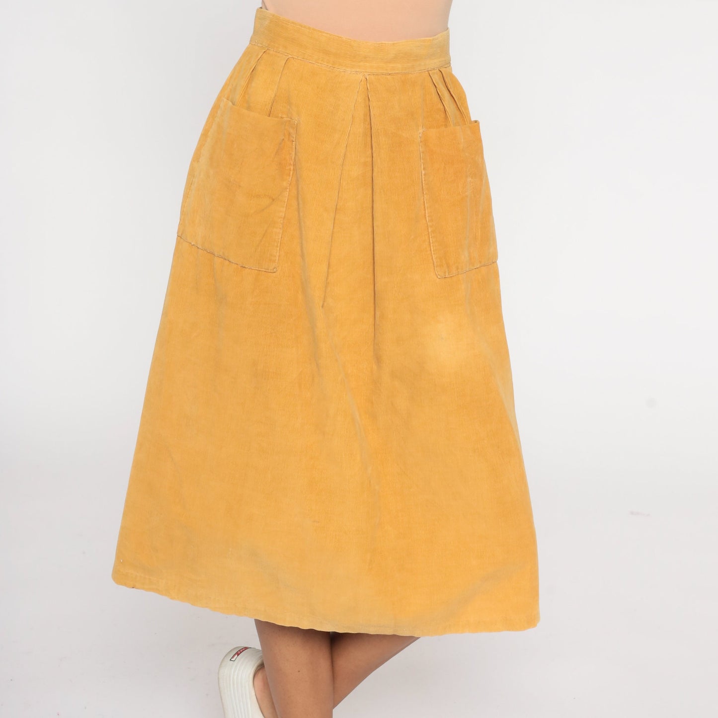 80s Mustard Yellow Corduroy Midi Skirt High Waist Pockets Extra Small
