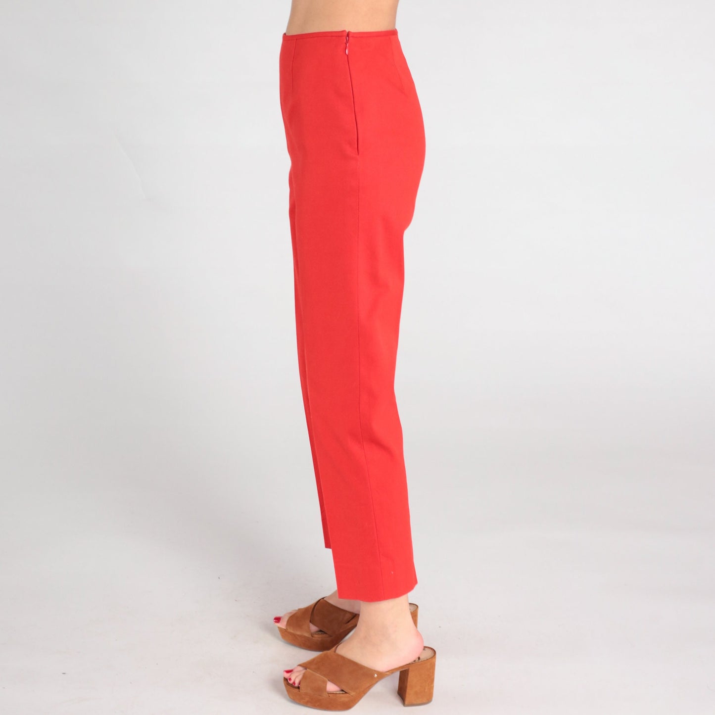 90s Red Slim Straight Ankle Trousers Mid Rise Side Zip Extra Small
