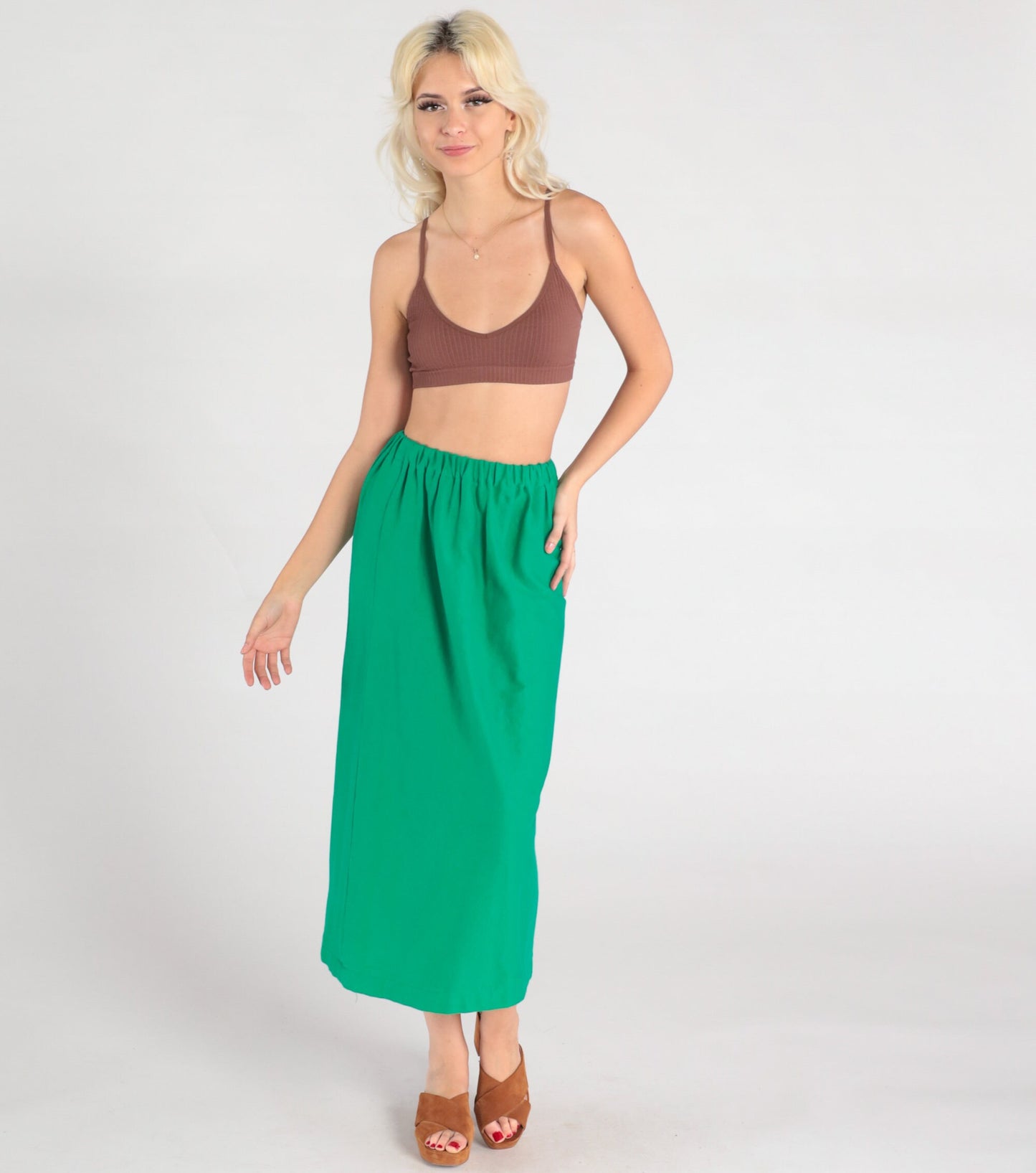 80s Green Midi Skirt High Waist Straight Column Extra Small XS