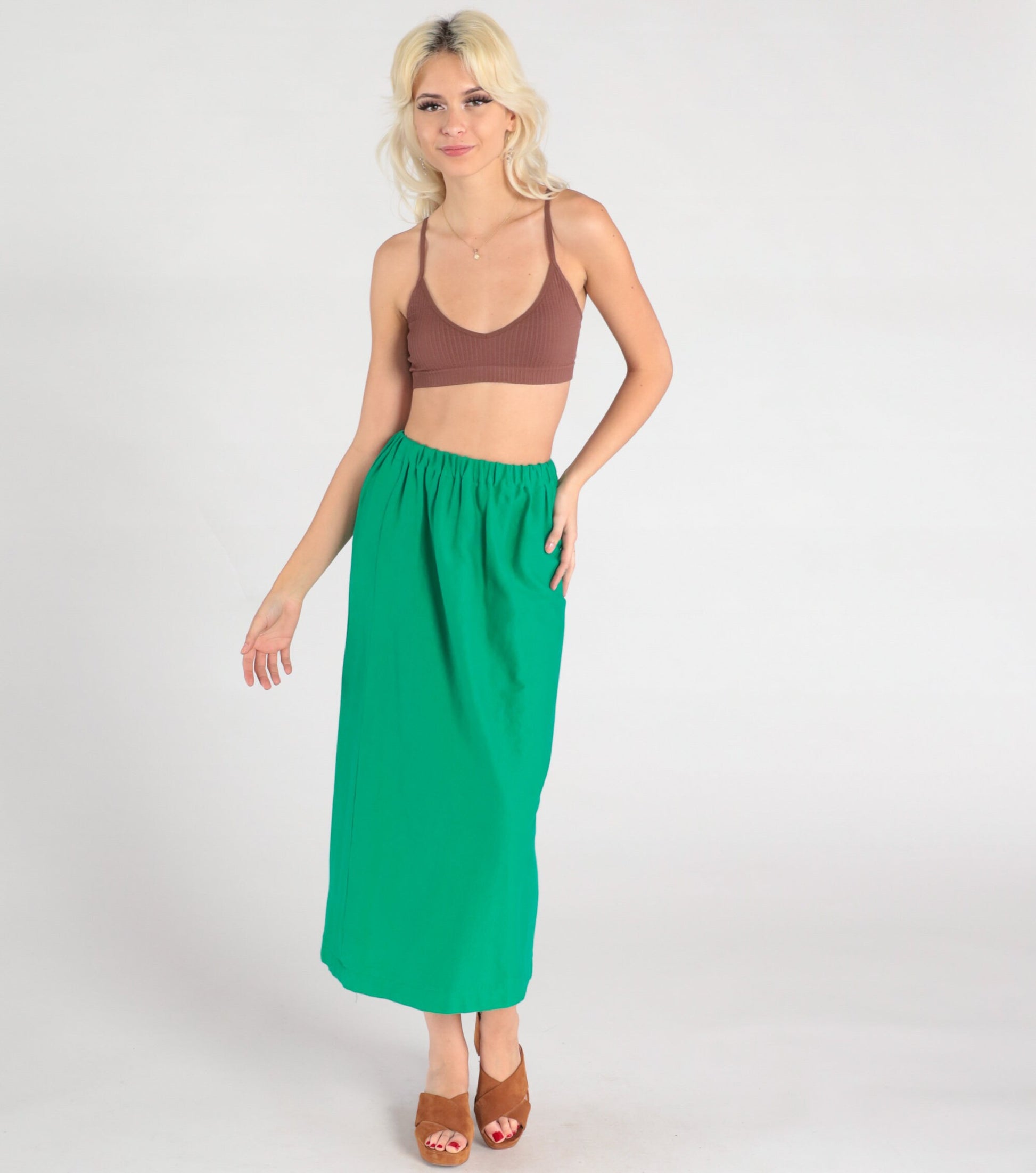 80s Green Midi Skirt High Waist Straight Column Extra Small XS