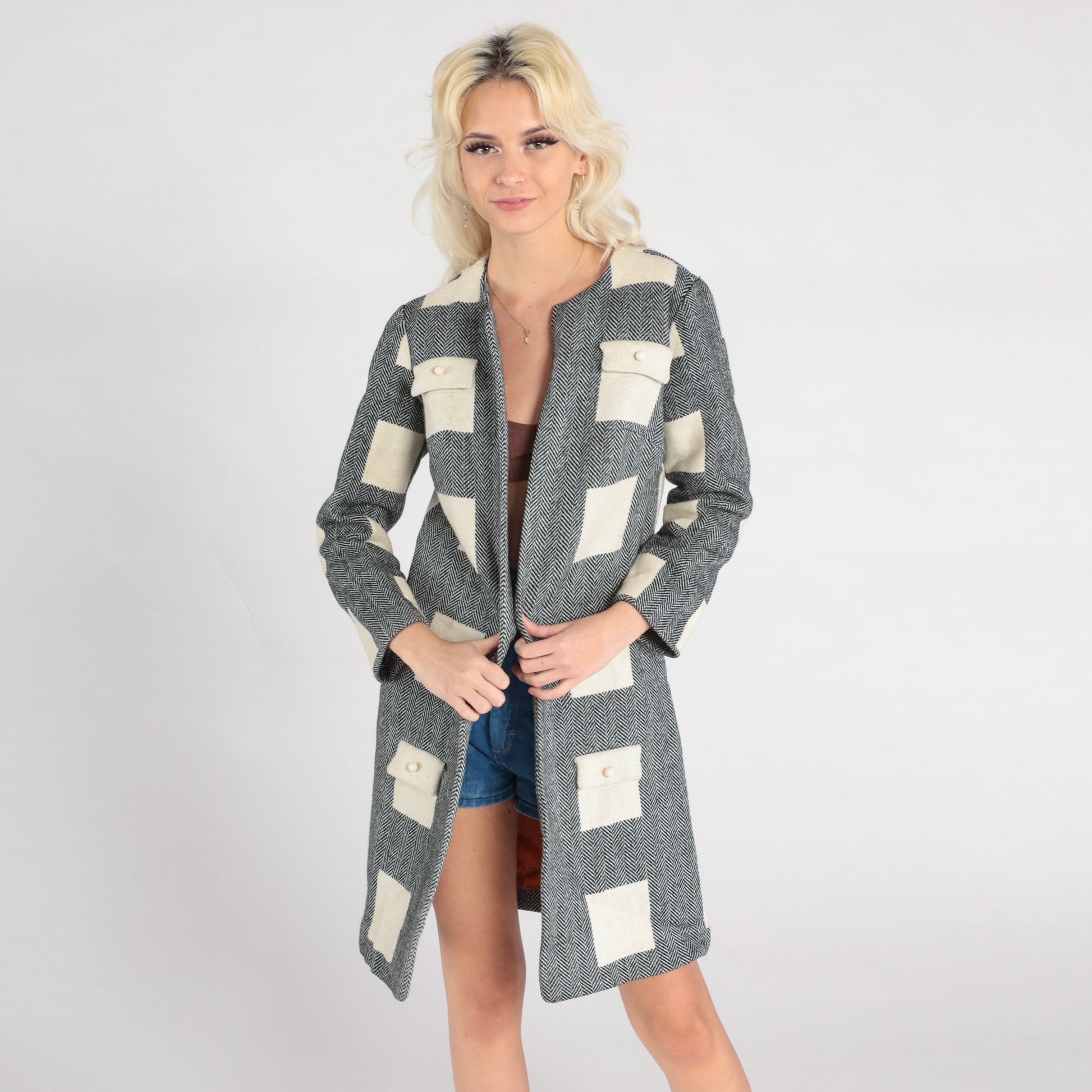 60s Wool Herringbone Mod Jacket Black White Open Front Extra Small