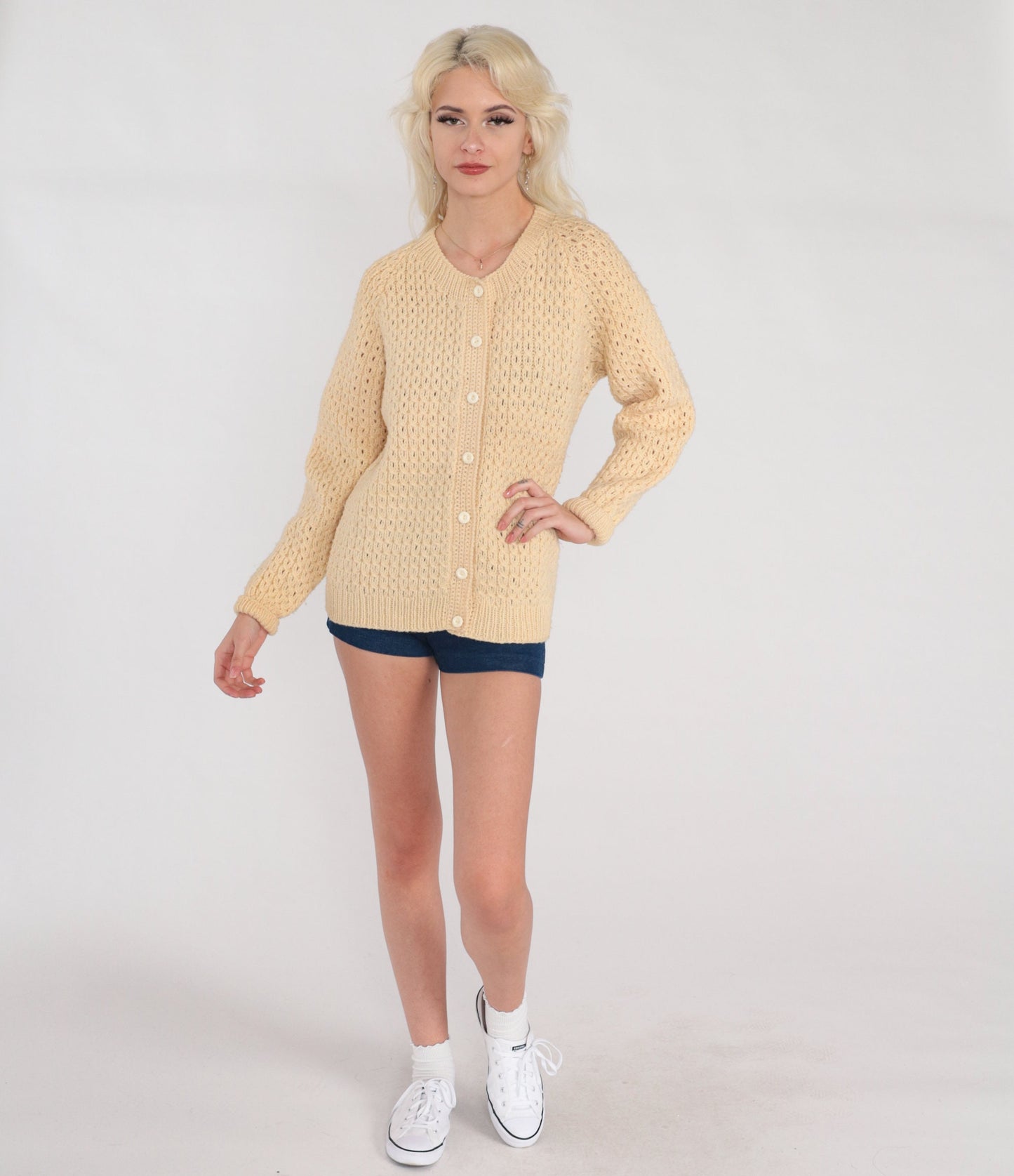 60s Cream Open Weave Cardigan Chunky Knit Button-Up Sweater Medium M